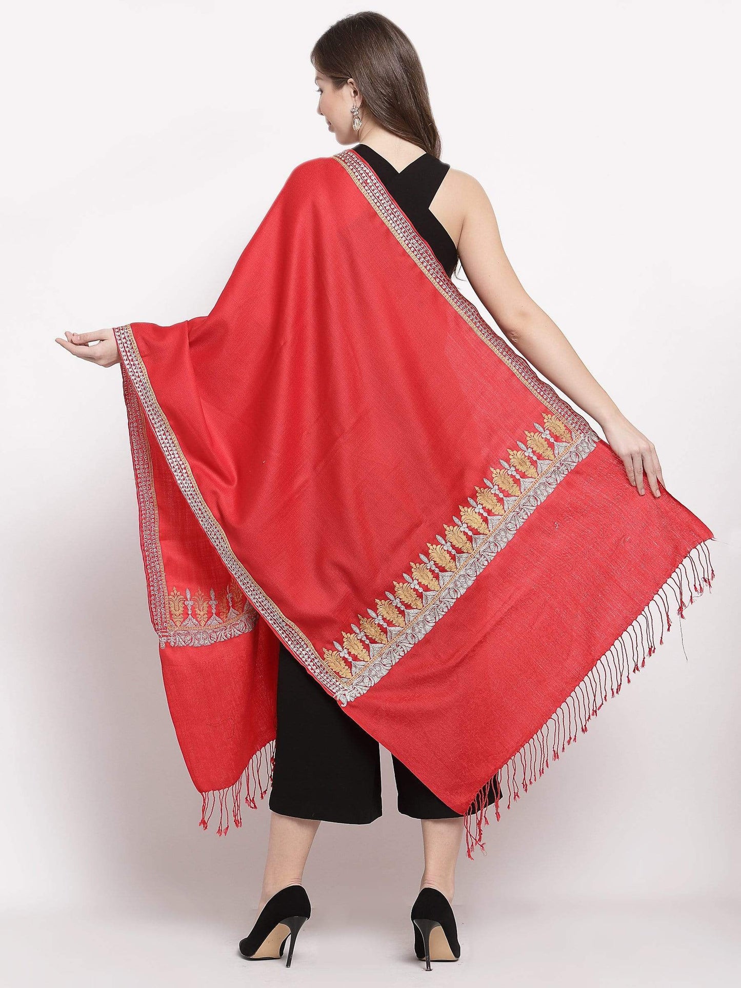 Pashtush India 70x200 Pashtush Womens Kashmiri Tilla Work Embroidery Stole, Extra Fine Needlework