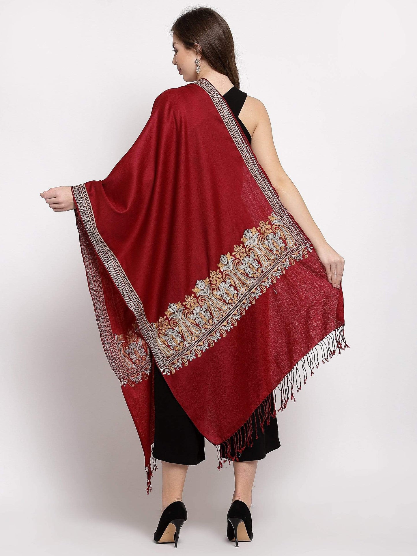 Pashtush India 70x200 Pashtush Womens Kashmiri Tilla Work Embroidery Stole, Extra Fine Needlework, Crimson
