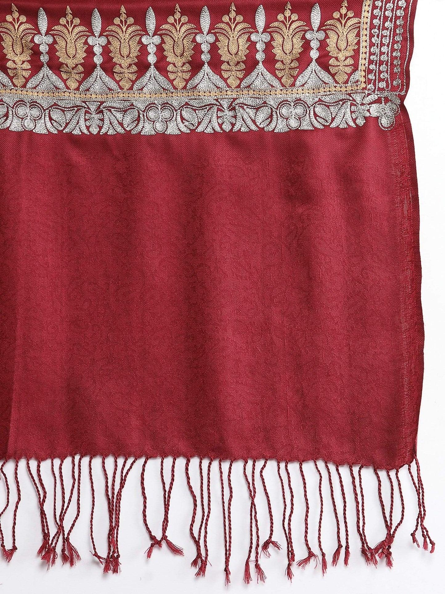 Pashtush India 70x200 Pashtush Womens Kashmiri Tilla Work Embroidery Stole, Extra Fine Needlework, Maroon