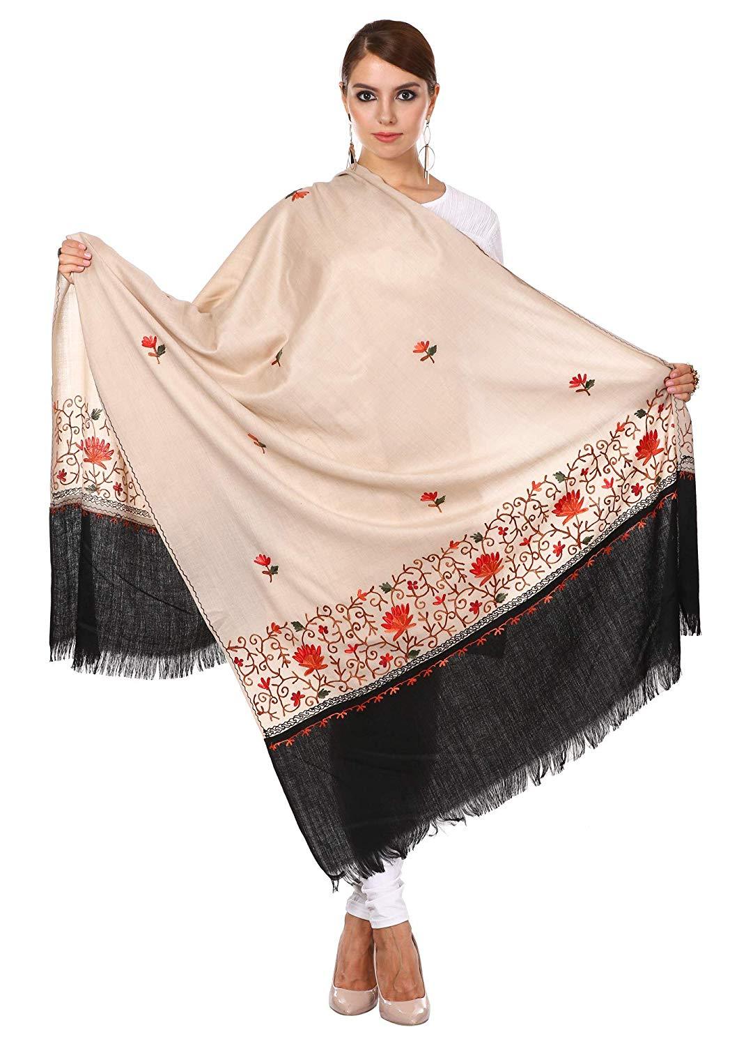 Pashtush Shawl Store Shawl Pashtush Womens Kashmiri Wool Shawl with 100% Hand Embroidery, Aari Silken thread work on fine wool