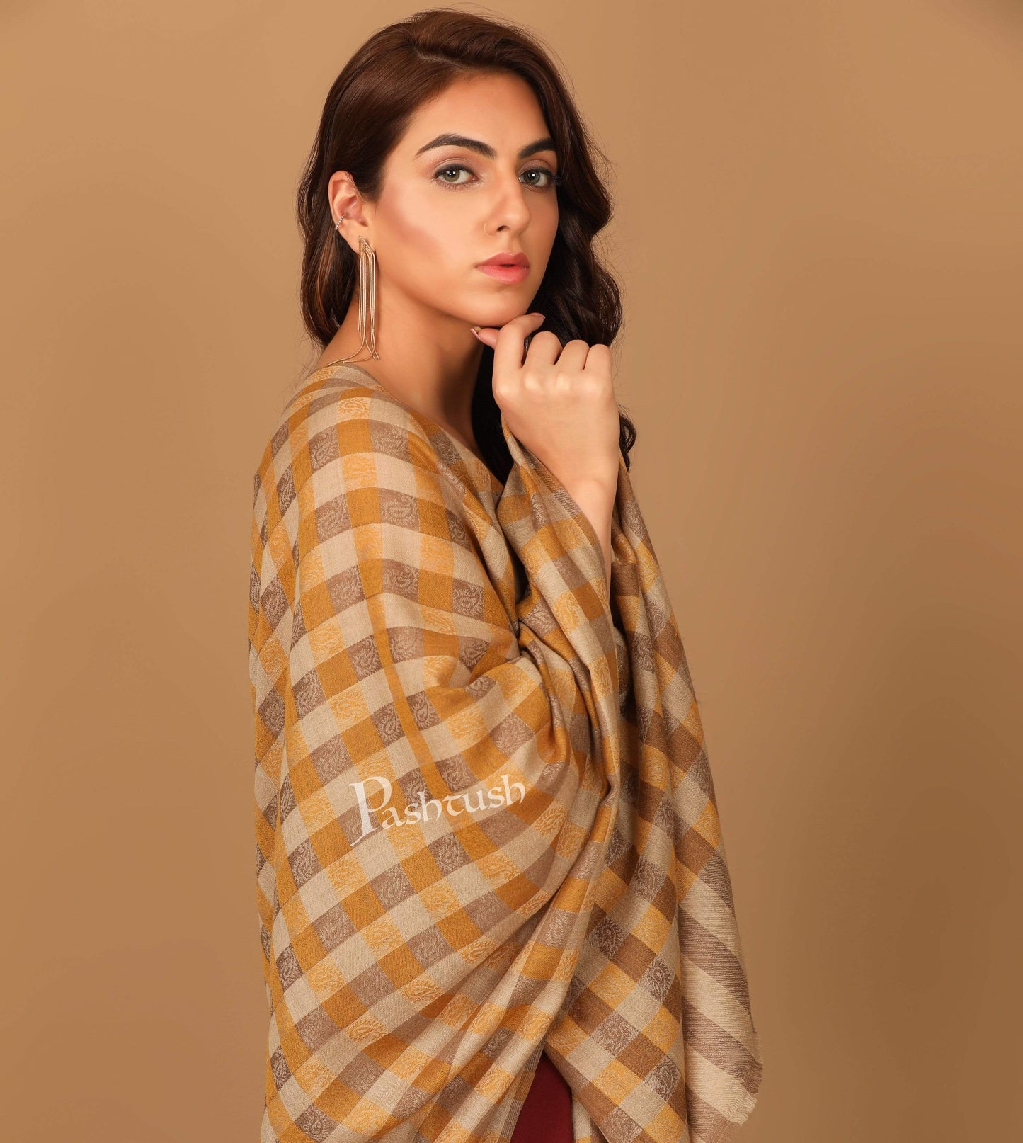 Pashtush India Stole Pashtush Womens Luxury Wool Checkered Scarf, Reversible, Extra-Fine, Tuscan Sun