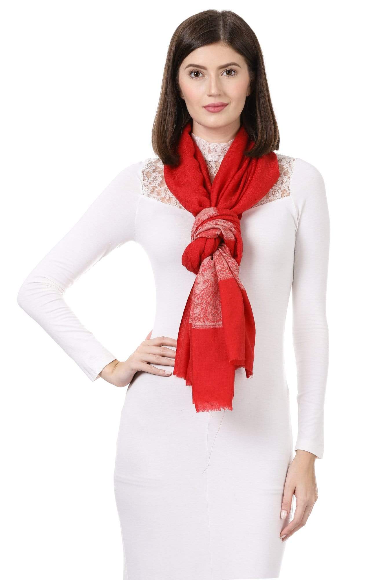 Pashtush India Stole Pashtush Womens Luxury Wool Scarf, Fine Wool Stole, Scarlet Paisley