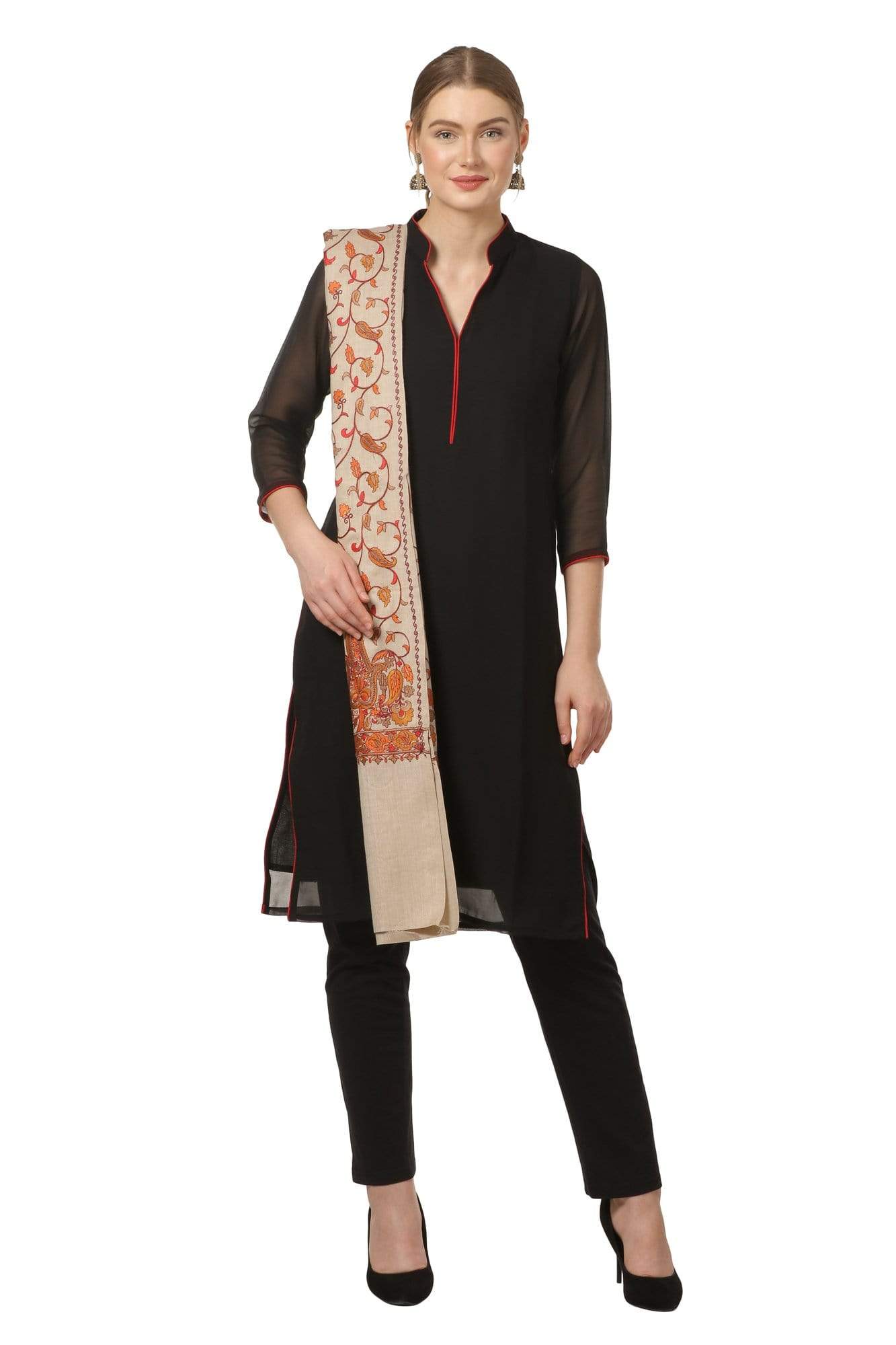 Pashtush India 100x200 Pashtush Womens Papier Machè Embroidery Jaal Shawl - Taupe
