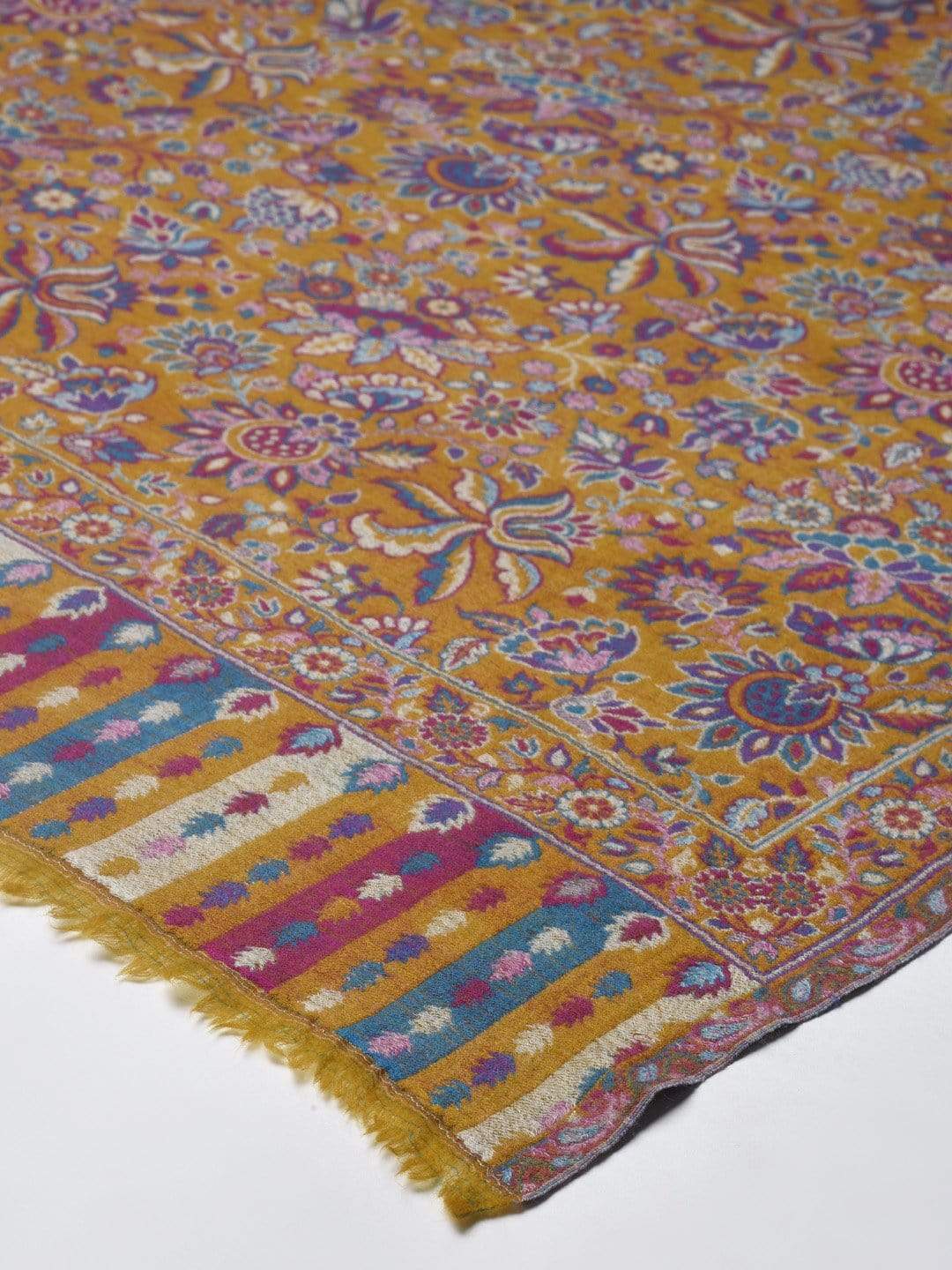 Pashtush India 100x200 Pashtush Womens Pure Wool Kaani Shawl, Reversible Weave, With Woolmark Certification, Mustard and Blue