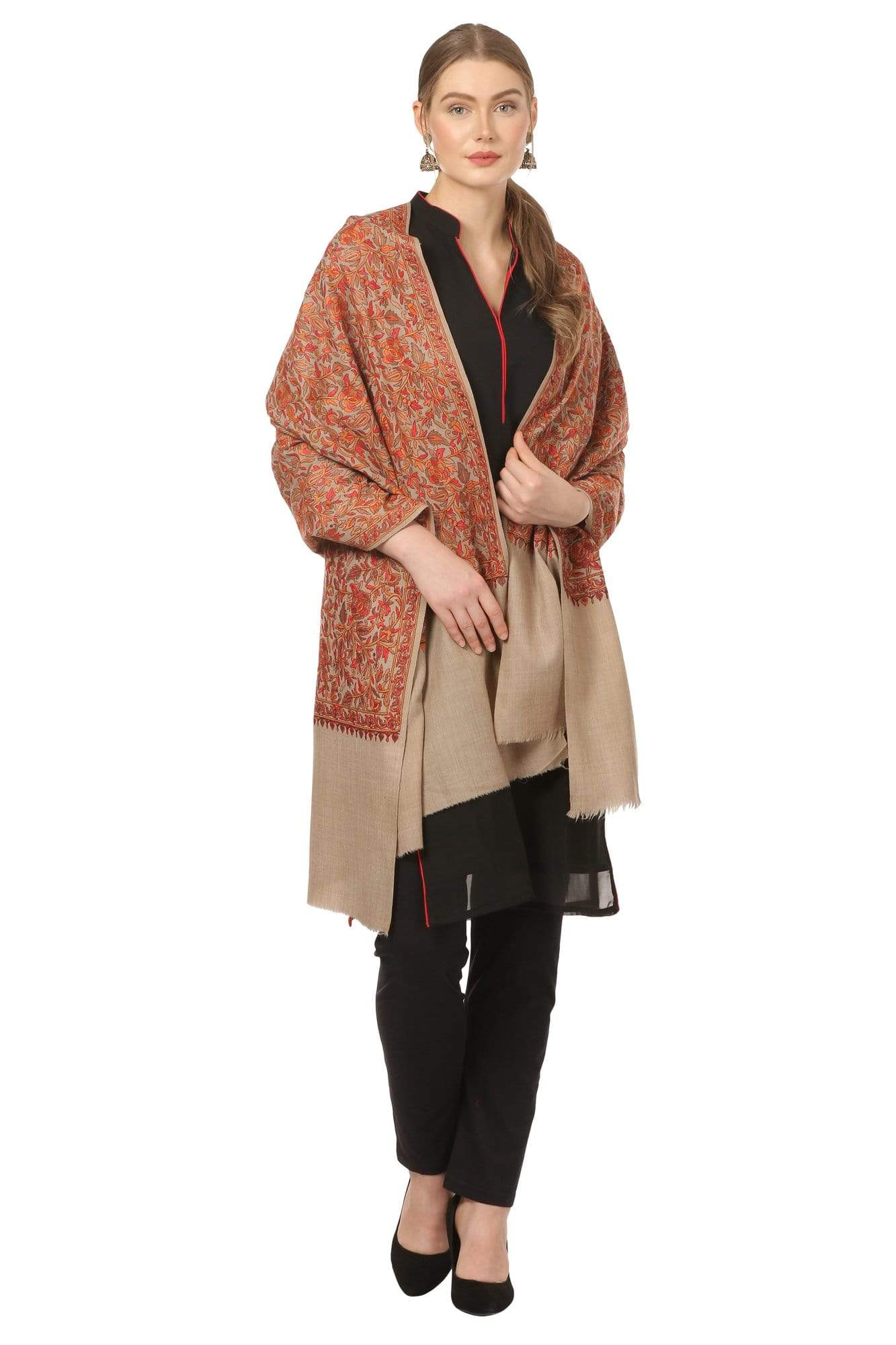 Pashtush India 100x200 Pashtush Womens Shawl, Fine Wool Kashmiri Stitch Embroidery.