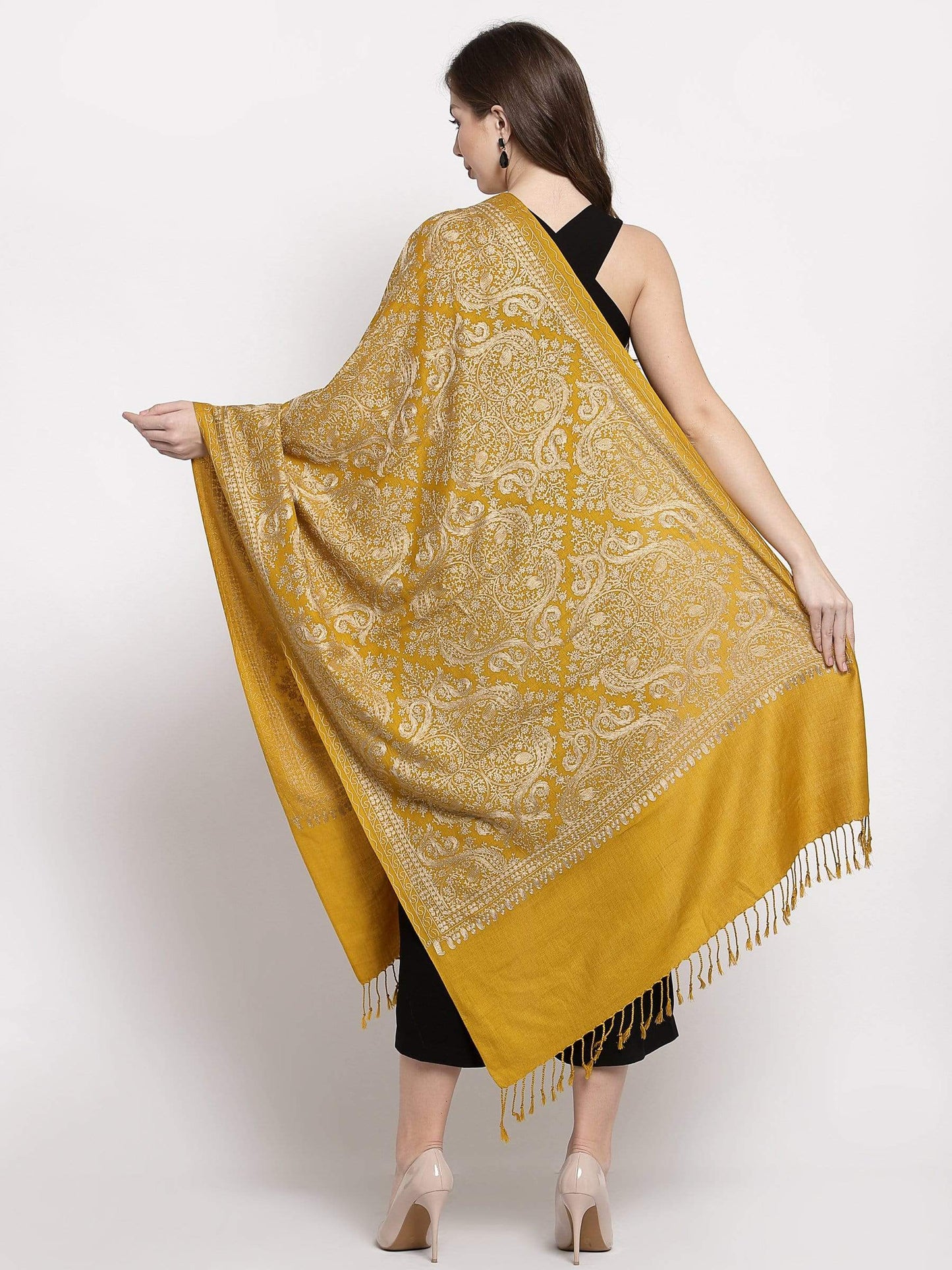 Pashtush India 70x200 Pashtush Womens Silk-Pashmina Fine Wool, Nalki Embroidery, Kashmiri Mustard