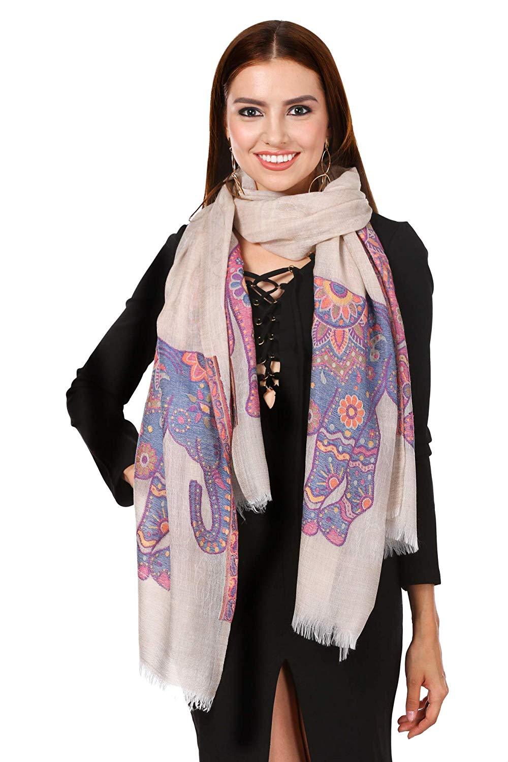 Pashtush Shawl Store Stole Pashtush Womens Ultra Fine Pashmina wool blended Scarf with Woven Elephant Design, Soft and Luxurious. (28 80 inches)