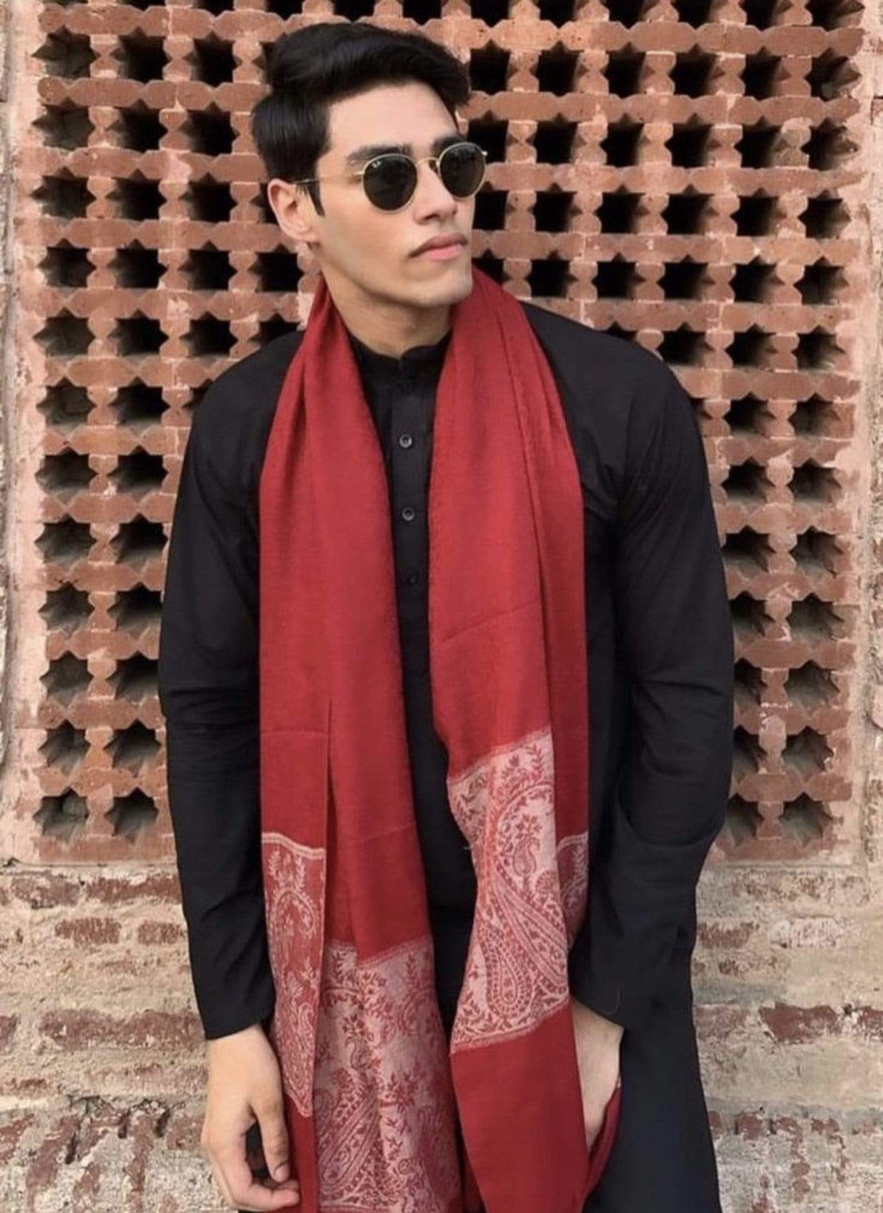 Pashtush Shawl Store Stole Pashtush Woven Mens Pashmina Stole, Check-Stipe Design, Mens Muffler, Warm Cashmere Feel (Maroon)