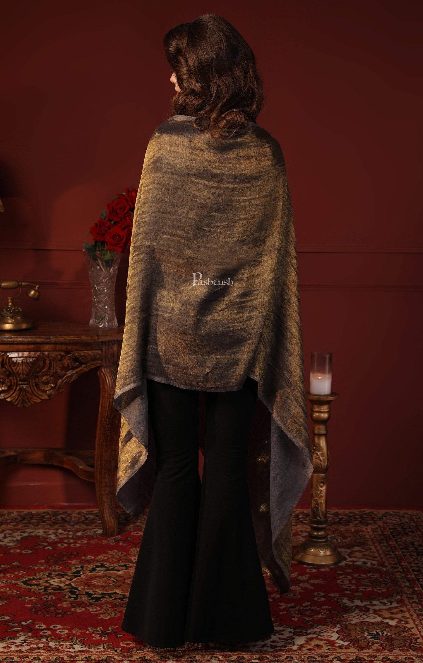 Pashtush India 70x200 Pashutsh Womens Twilight Scarf, With Shimmery Zari Thread Weave, Grey Gold