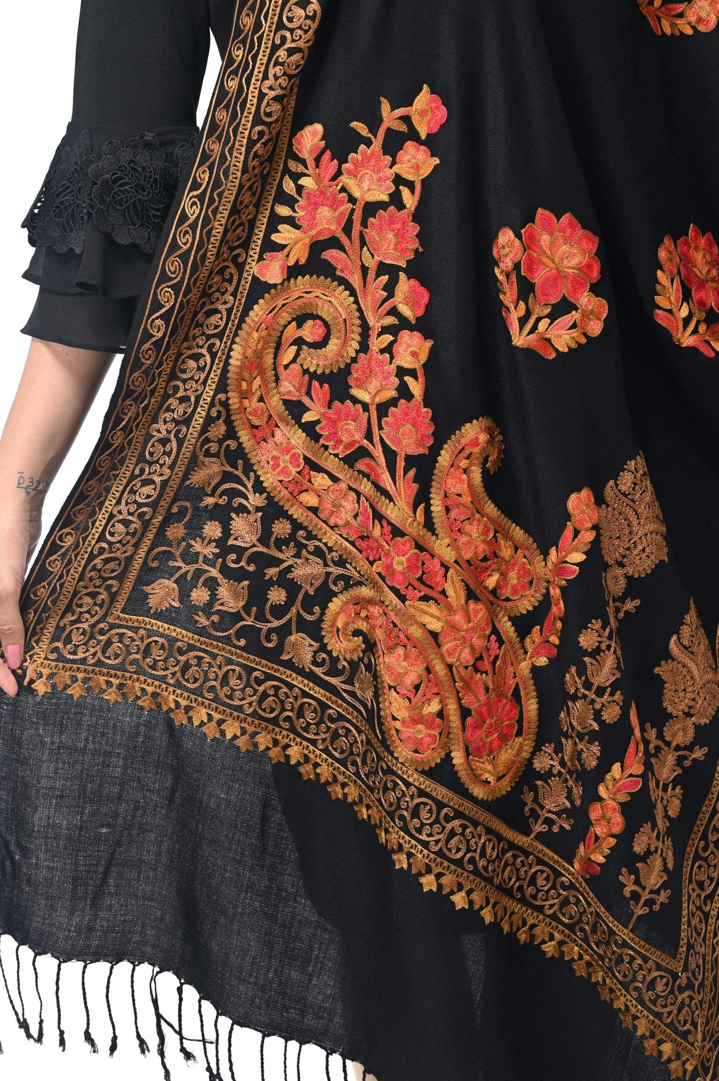 Pashwool 70x200 Pashwool, Womens Kashmiri Aari Embroidery Stole, Soft Bamboo, Black
