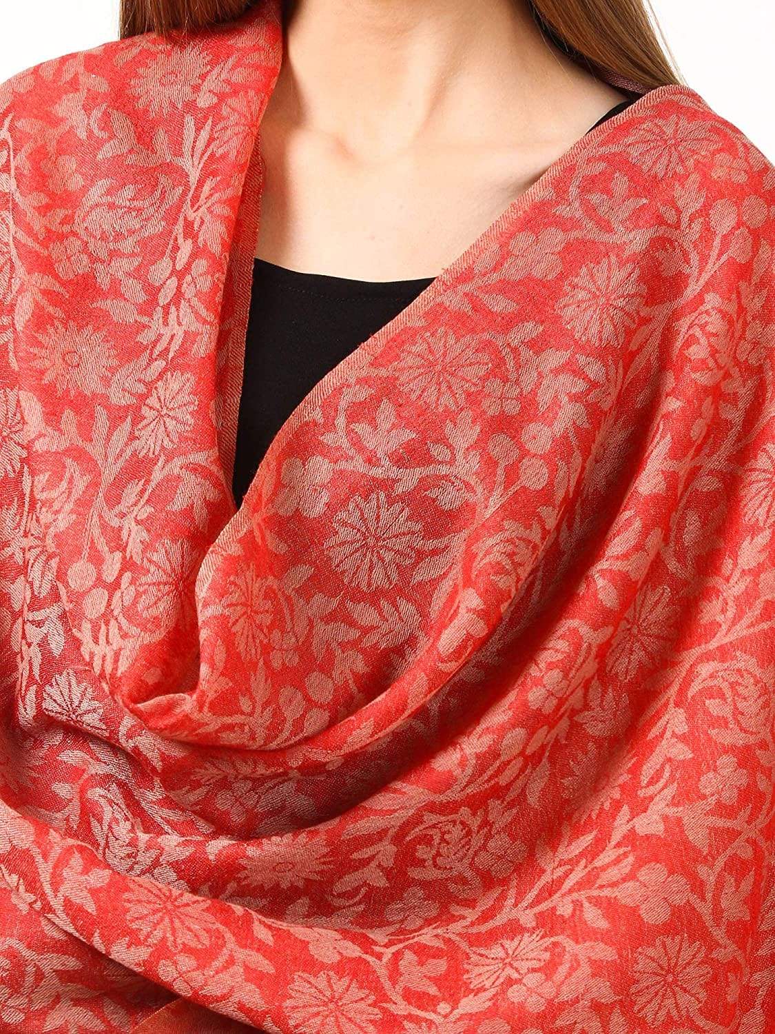 Pashtush India Stole Women's Silk-Pashmina Reversible Floral Scarf, Soft and Warm, Scarlet Red
