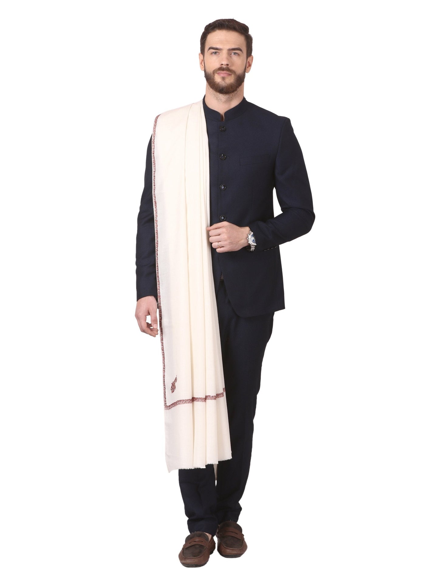 Pashtush Store Pashtush Mens Kingri Shawl, Hand Embroidery Shawl, Full Size (white)