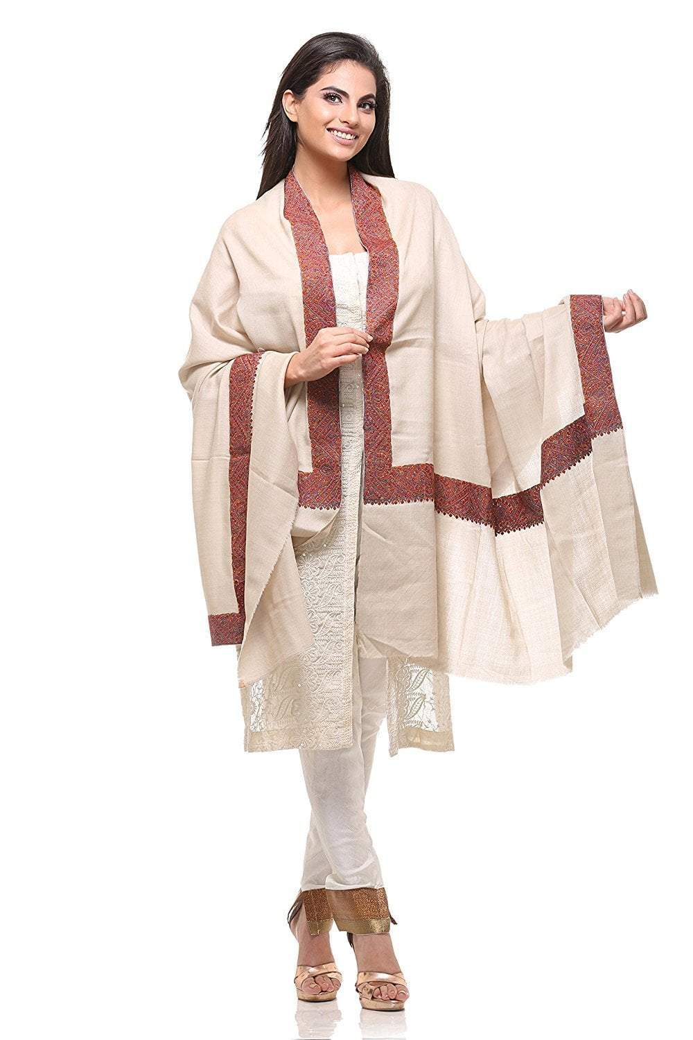 Pashtush Store Pashtush Womens Border Embroidery Kashmiri Shawl, Multicoloured Silk Thread and Needlework