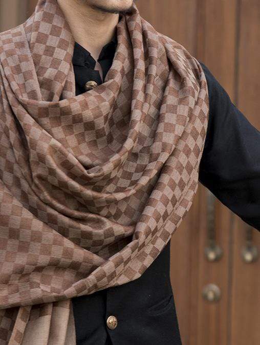 Pashtush India Stole Pashtush Mens Reversible Stole, checkered design Rich Coffee