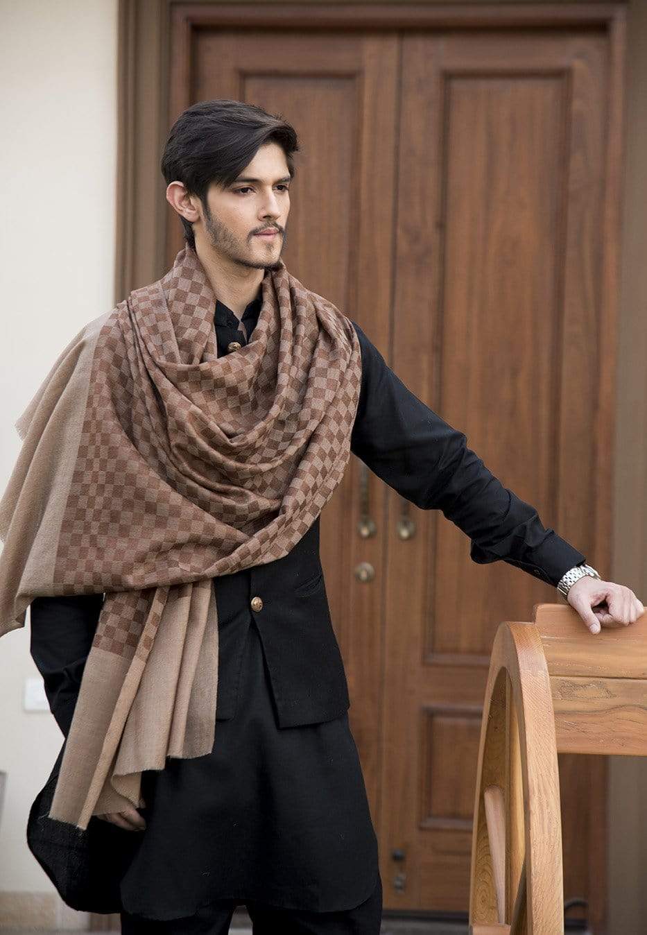 Pashtush India Stole Pashtush Mens Reversible Stole, checkered design Rich Coffee
