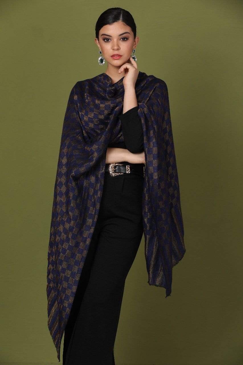 Pashtush Shawl Store Stole Pashtush Womens Twilight Checkered Scarf, With Shimmery Zari  thread Weave Blue
