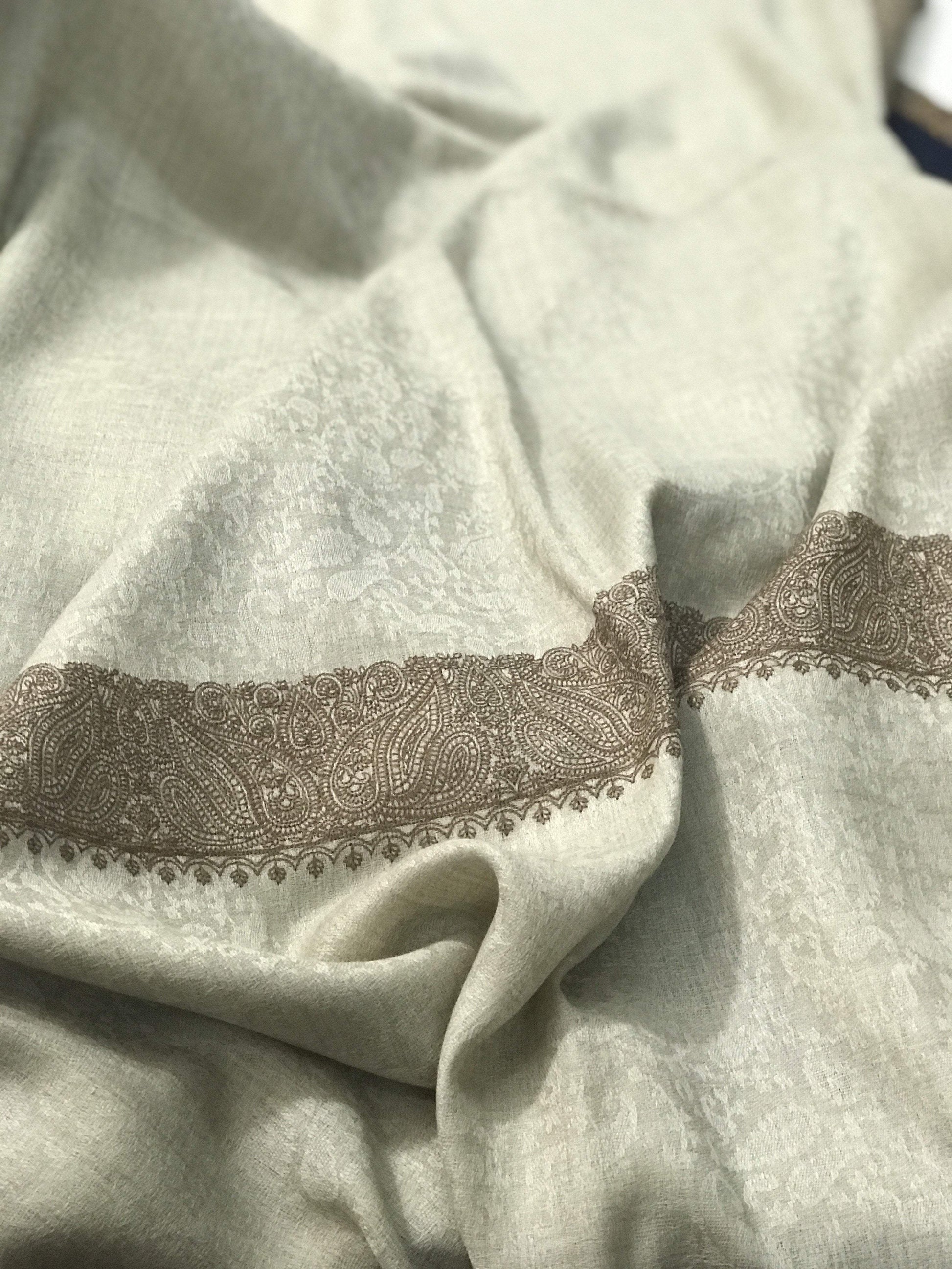 Pashtush India shawl Pashtush Mens Kashmiri Embroidery Tone on Tone Double border Shawl Medium size 48x95 inches