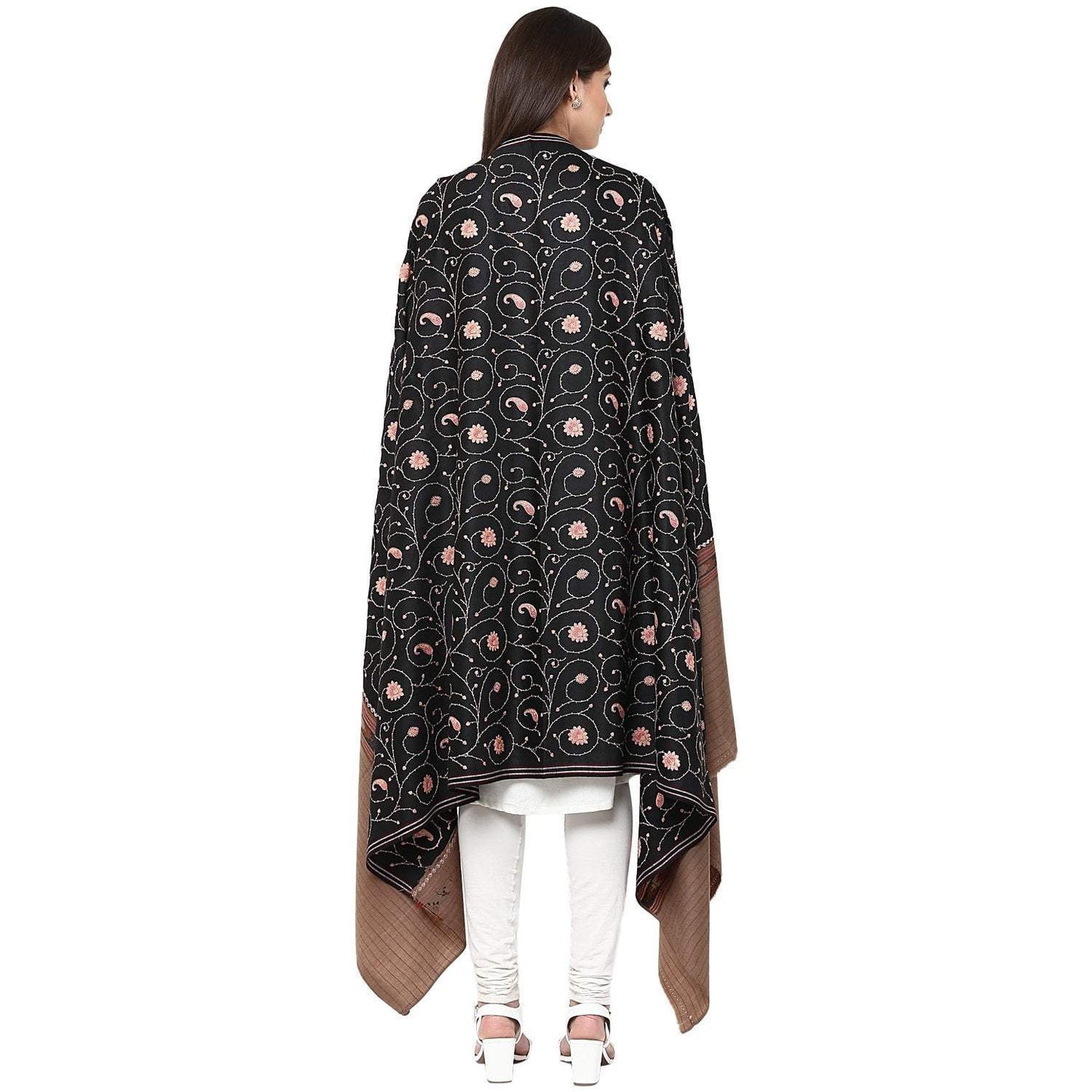 Pashtush India shawls Pashtush Women's Full Jaal Embroidery black with coffee palla ( Black)