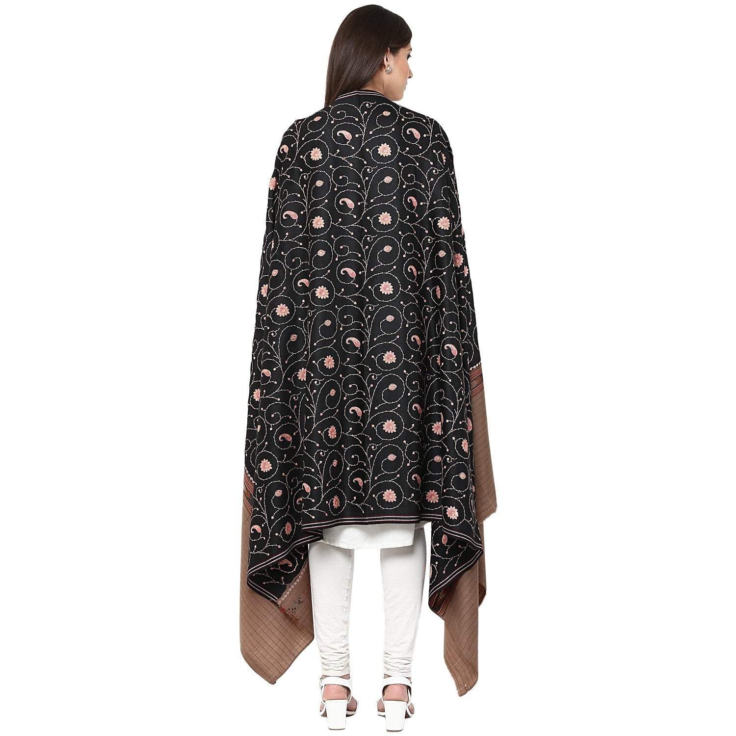 Pashtush India shawls Pashtush Women's Full Jaal Embroidery black with coffee palla ( Black)