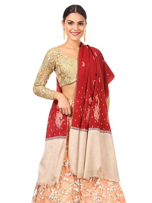 Pashtush India shawls Pashtush Womens, Kashmiri Embroidery Shawl with Palla Deisgn, Bridal Pashmina Collection (maroon)