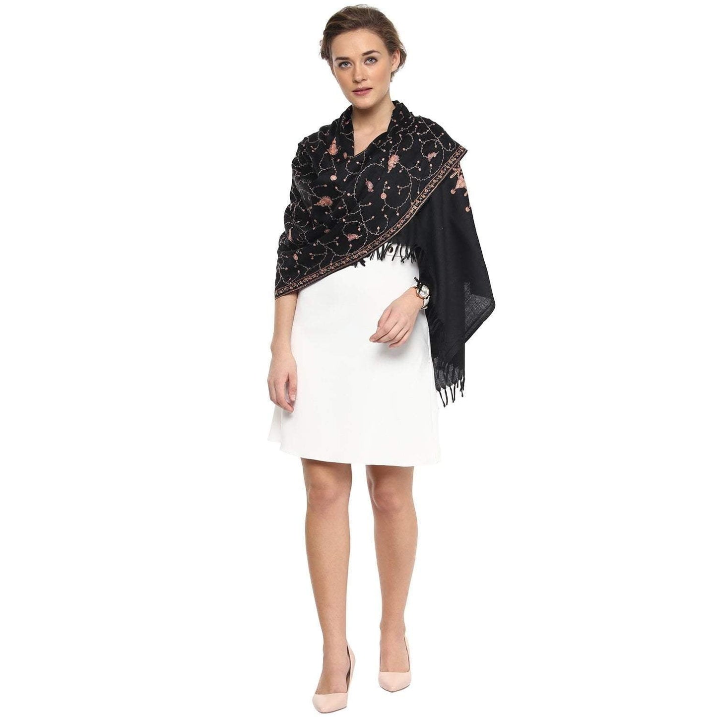 Pashtush India Black Pashtush Womens Kashmiri Embroidery Stole / Shawls, Stoles, Pashmina Shawls - Sozni