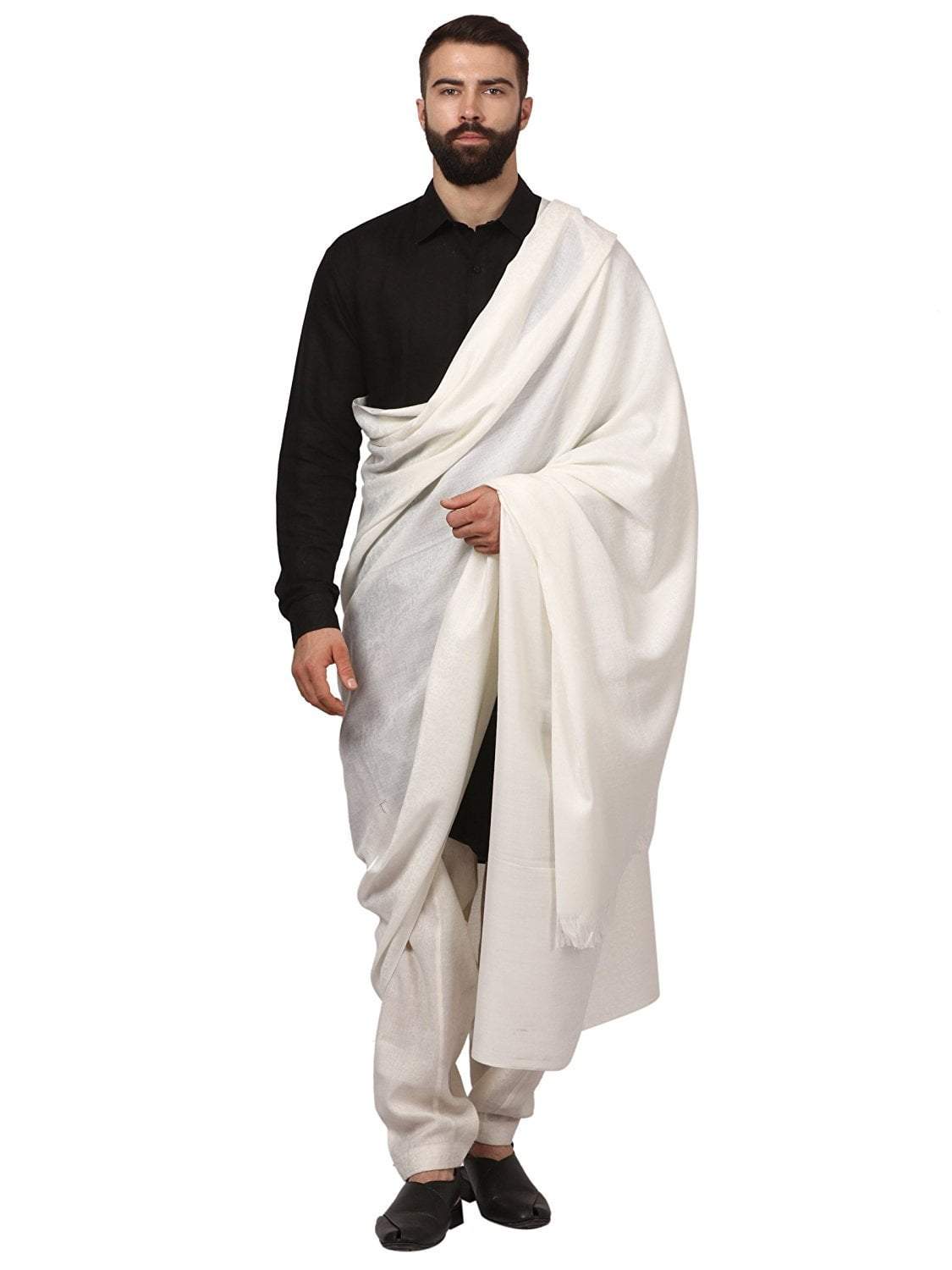 Pashtush India Cream Pashtush Woven Jacquard Design Mens Shawl, Light Weight Australian Merino Wool, Warm, Full Size
