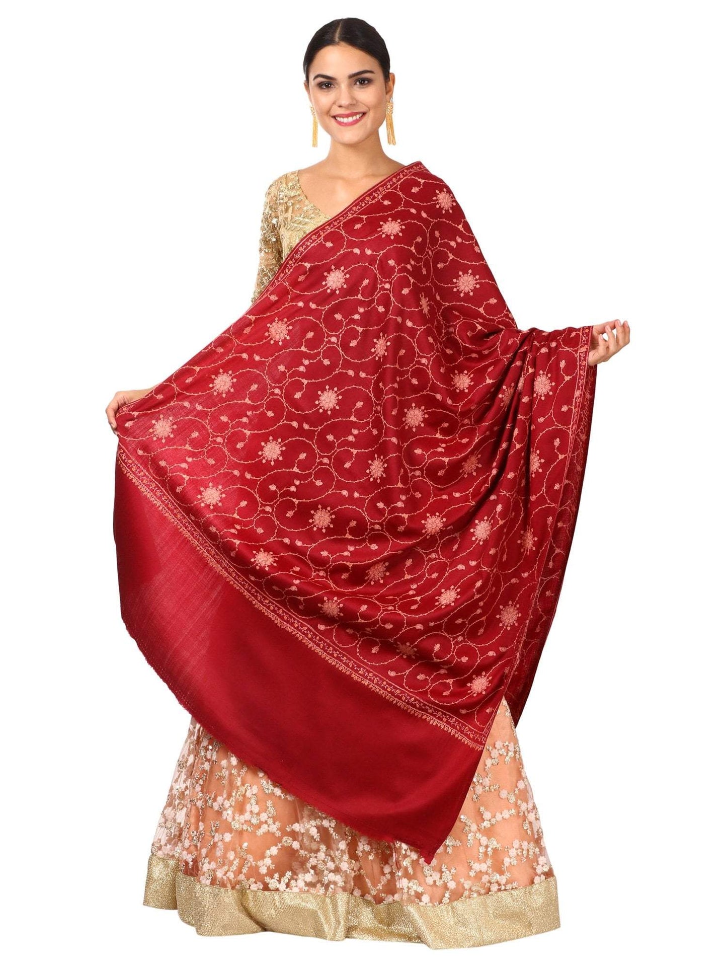 Pashtush India Shawl Pashtush Womens Kashmiri Embroidery Jaal, Fine Wool, Maroon