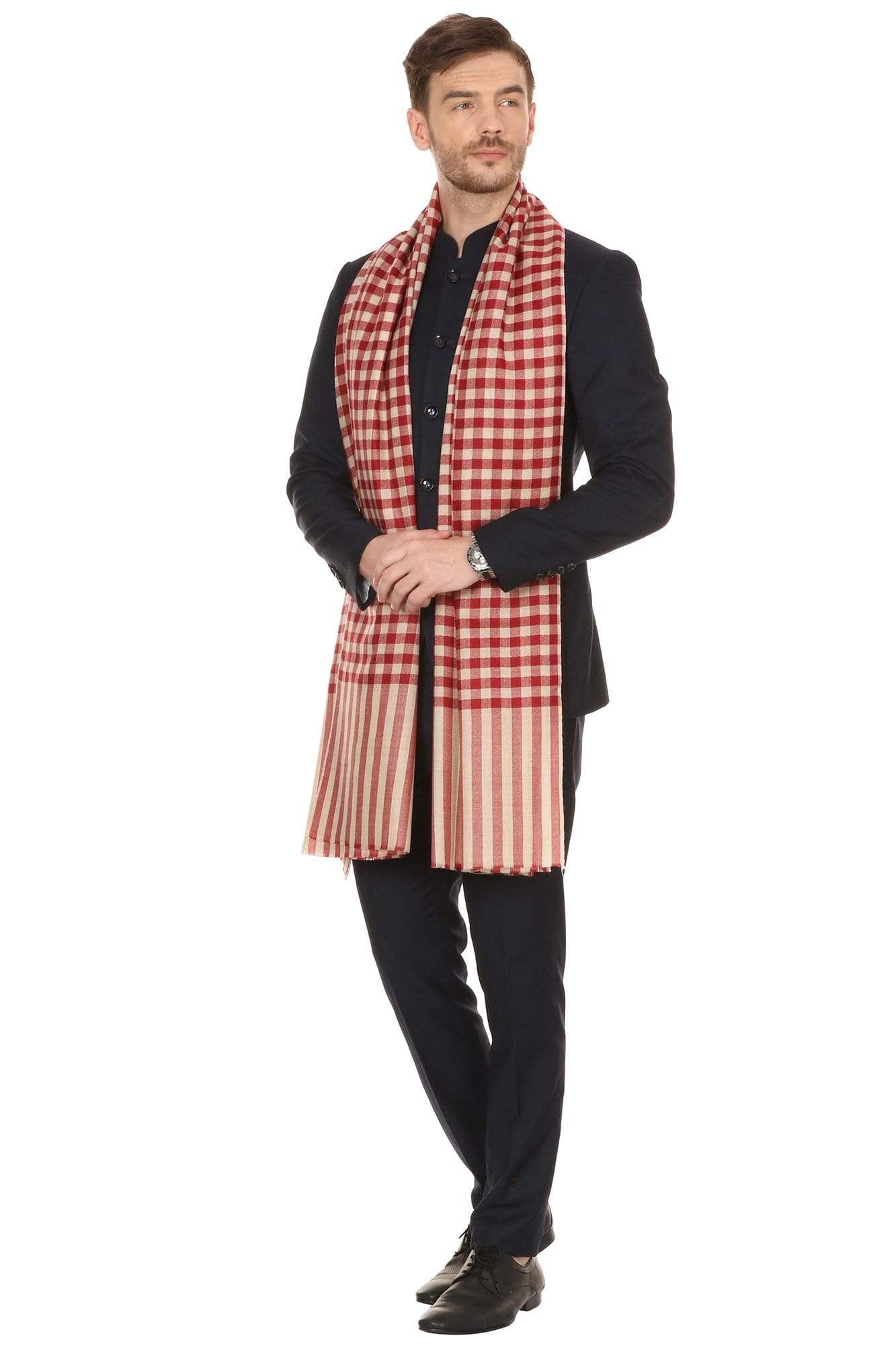 Pashtush Shawl Store Stole Mens Fine Wool Checkered Stole, Extra Soft and Warm - Maroon