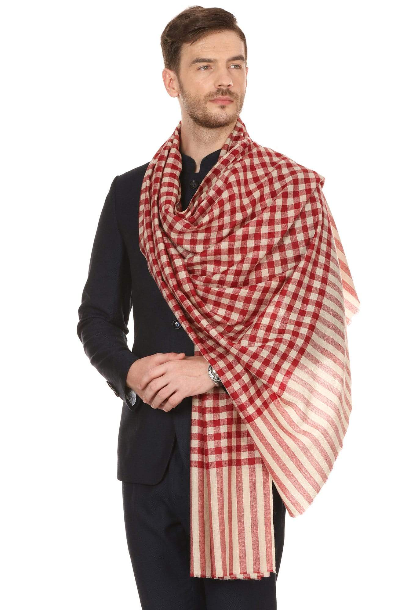 Pashtush Shawl Store Stole Mens Fine Wool Checkered Stole, Extra Soft and Warm - Maroon