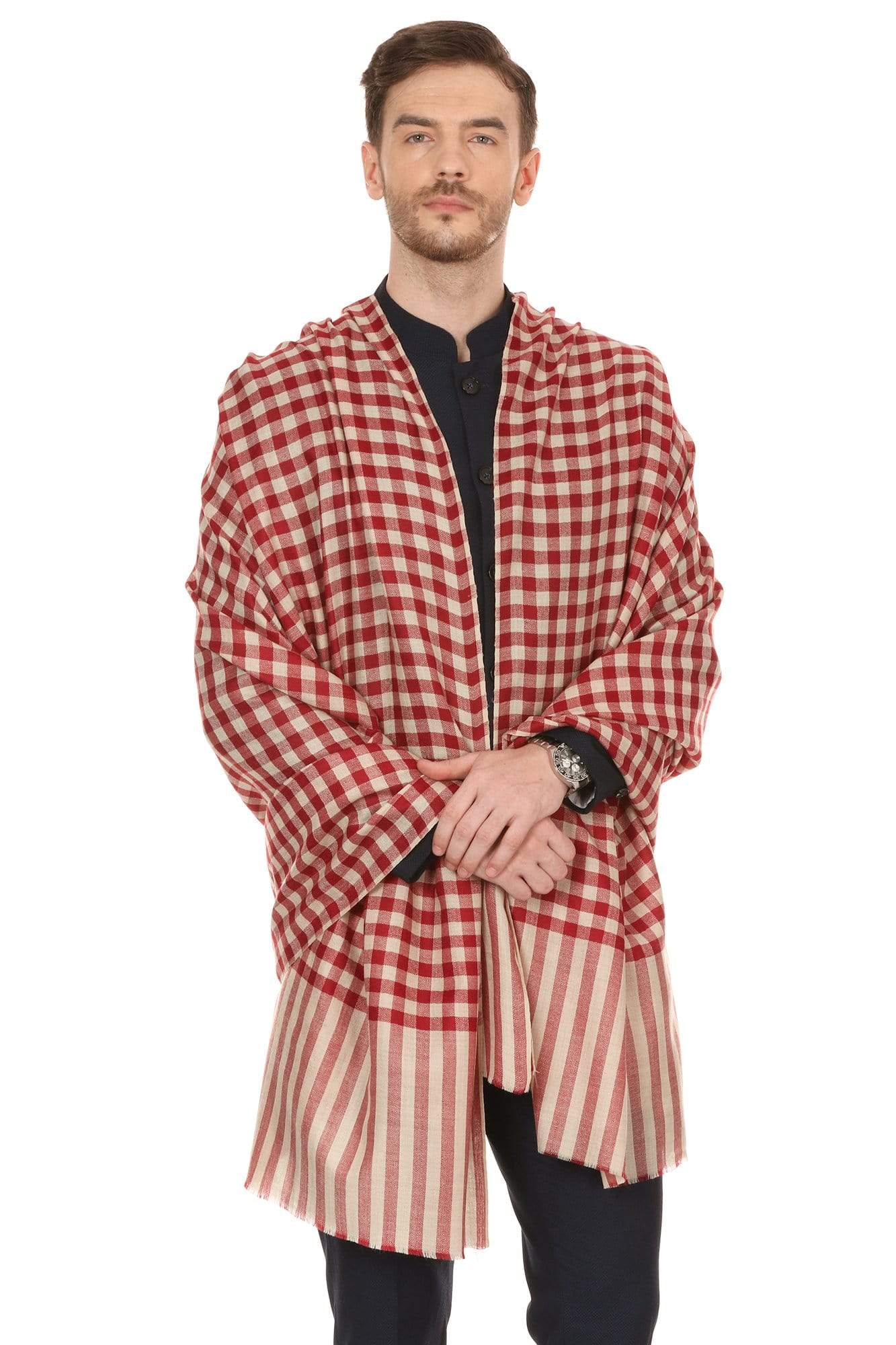 Pashtush Shawl Store Stole Mens Fine Wool Checkered Stole, Extra Soft and Warm - Maroon