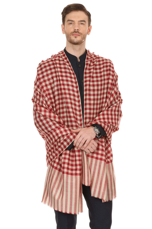 Pashtush Shawl Store Stole Mens Fine Wool Checkered Stole, Extra Soft and Warm - Maroon