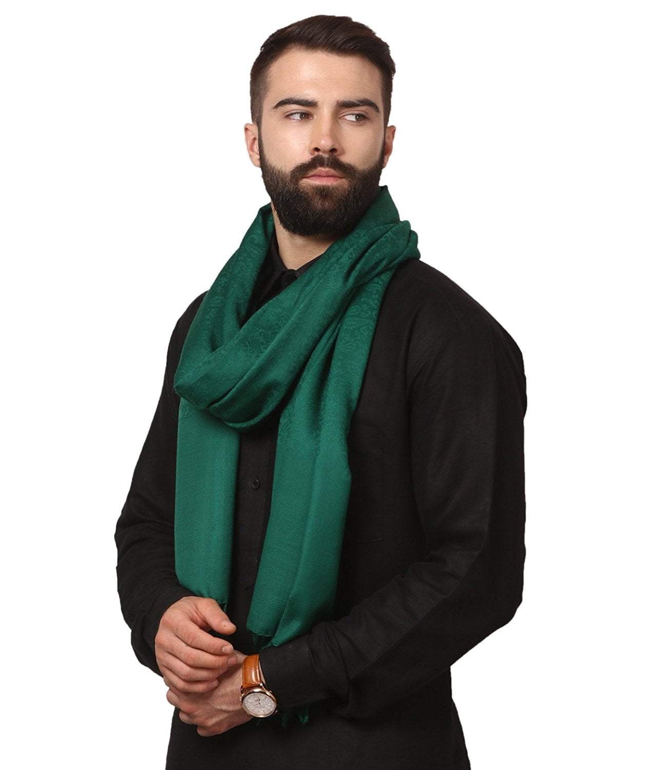 Pashtush India 70x200 Mens Fine Wool Jacquard Muffler - Bottle Green