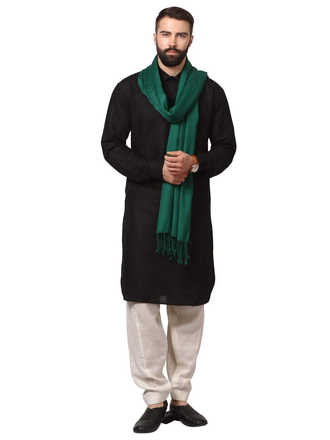 Pashtush India 70x200 Mens Fine Wool Jacquard Muffler - Bottle Green