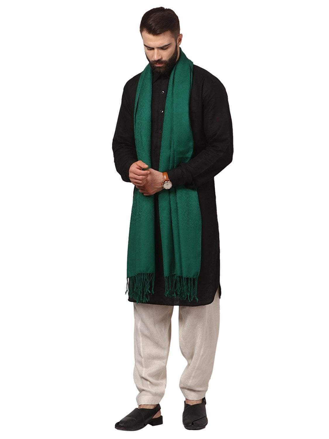Pashtush India 70x200 Mens Fine Wool Jacquard Muffler - Bottle Green