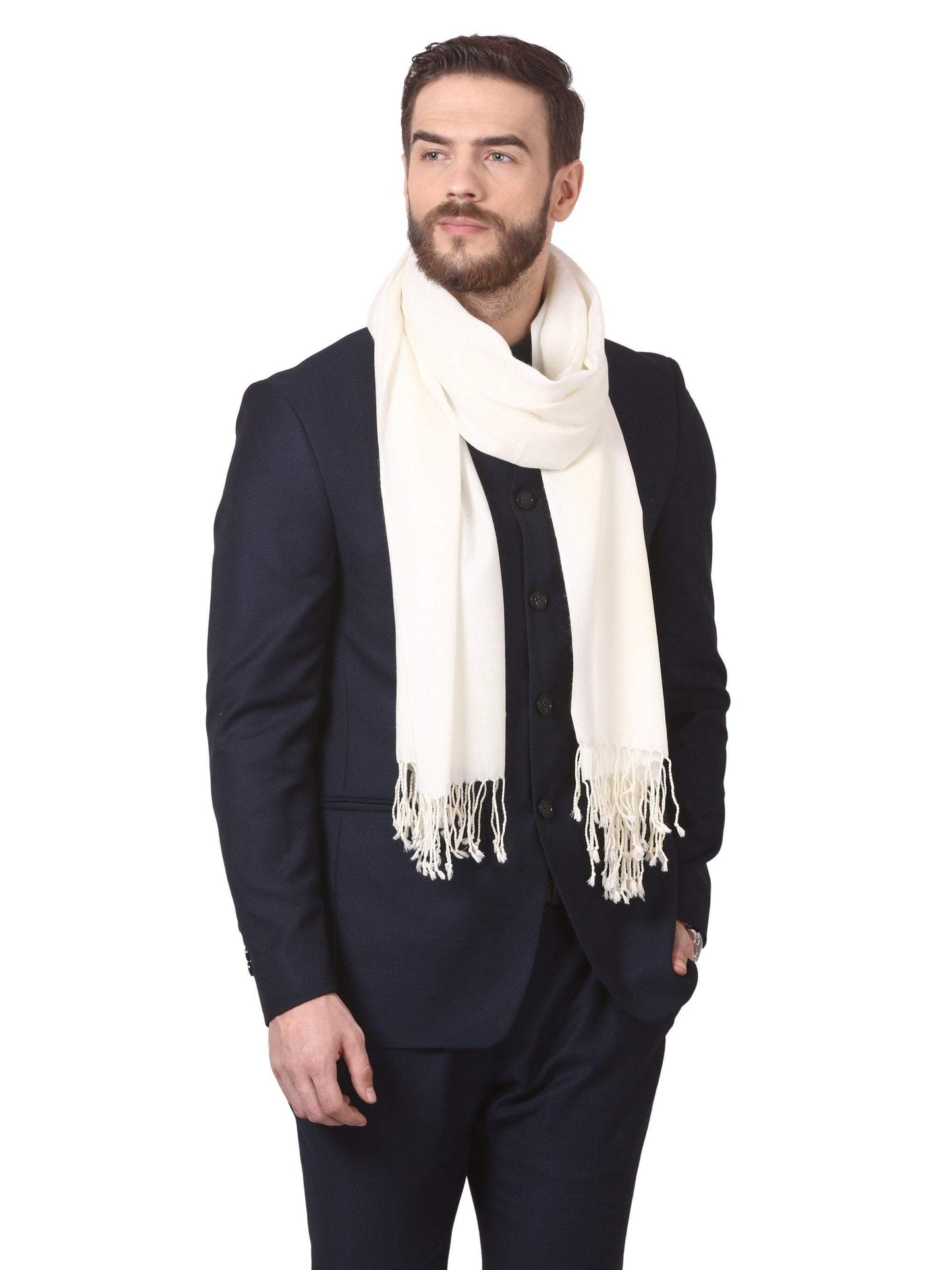 Pashtush India 70x200 Mens Fine Wool Jacquard Muffler - Ivory