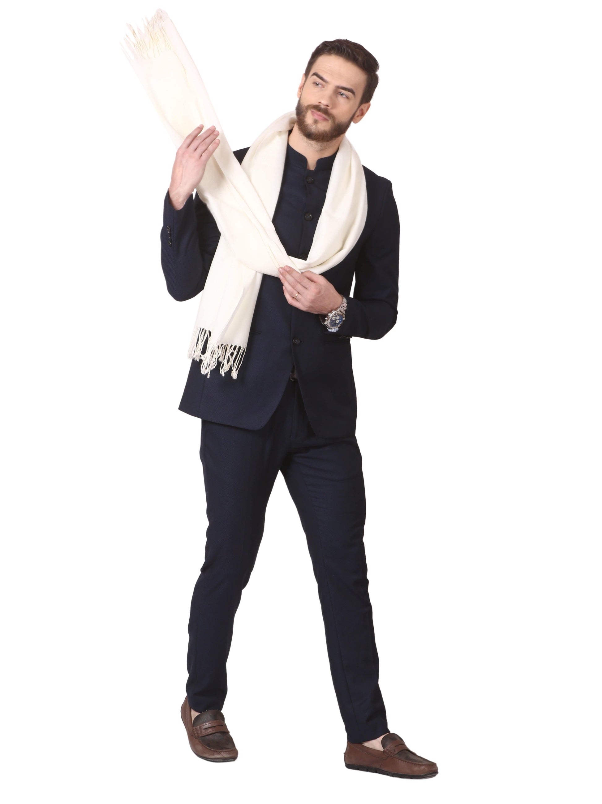 Pashtush India 70x200 Mens Fine Wool Jacquard Muffler - Ivory