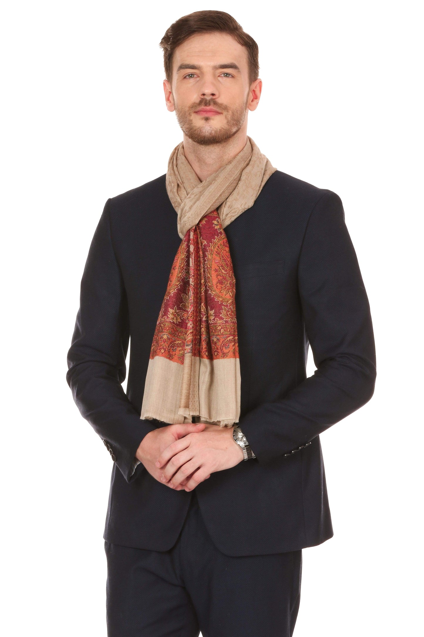 Pashtush Store Stole Mens Fine Wool Jacquard Stole, Beige