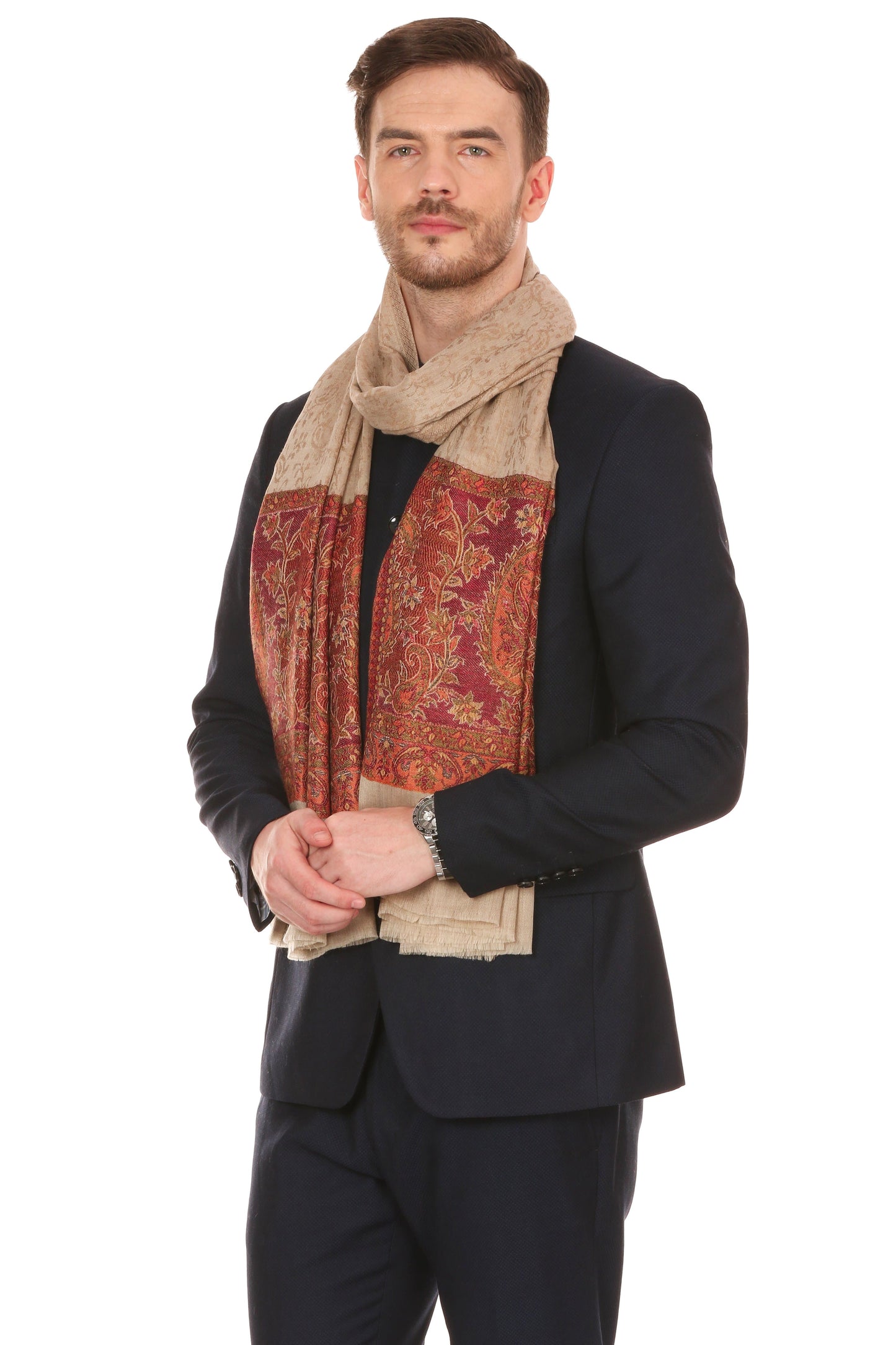 Pashtush Store Stole Mens Fine Wool Jacquard Stole, Beige