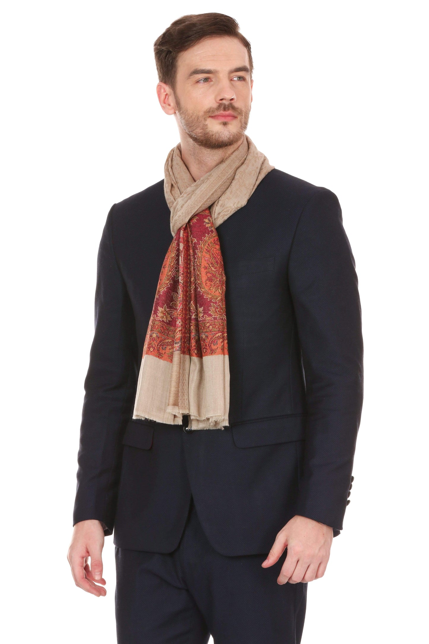 Pashtush Store Stole Mens Fine Wool Jacquard Stole, Beige
