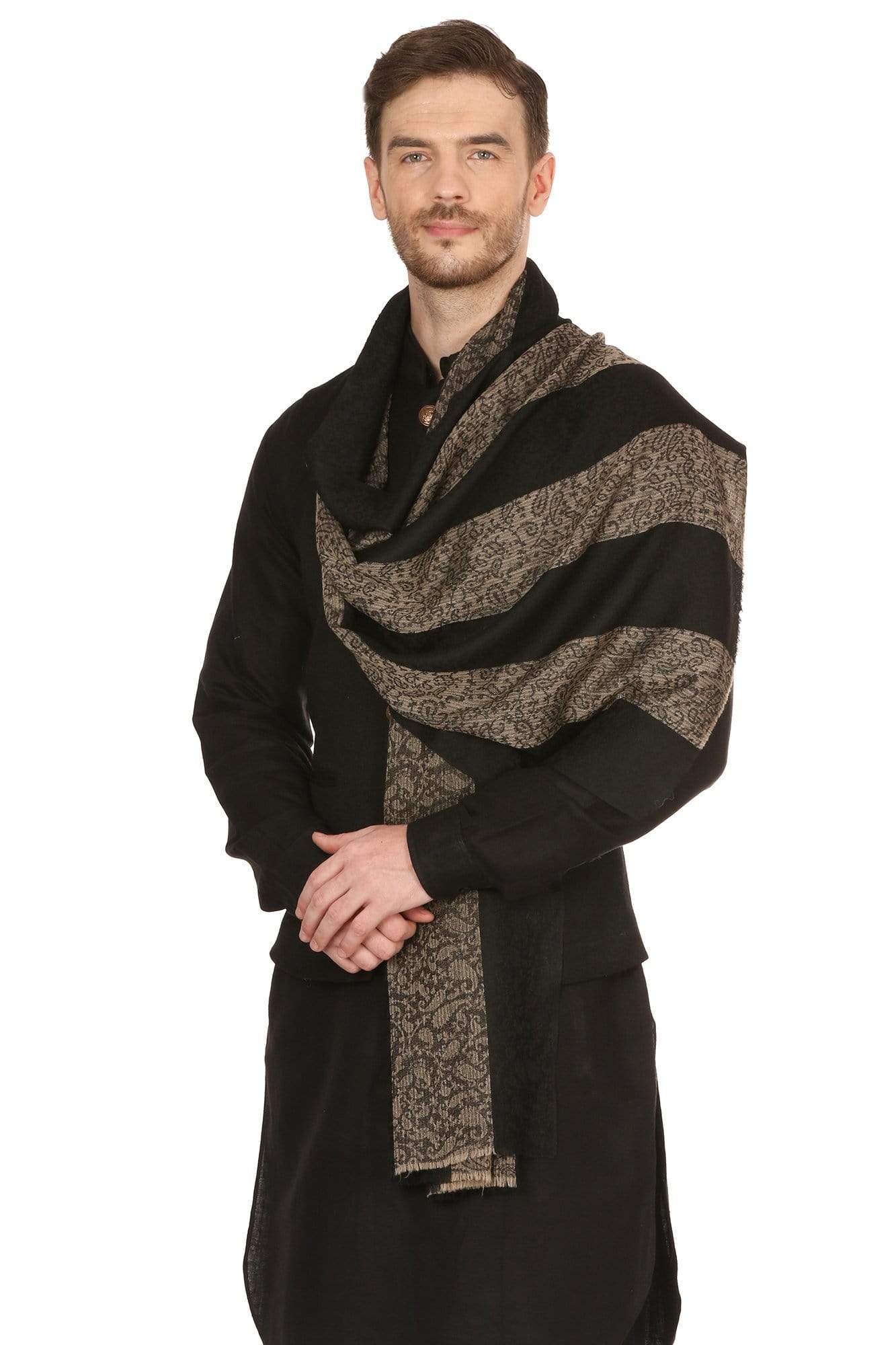 Pashtush India 70x200 Mens Fine Wool Reversible Muffler, Soft and Warm - Black