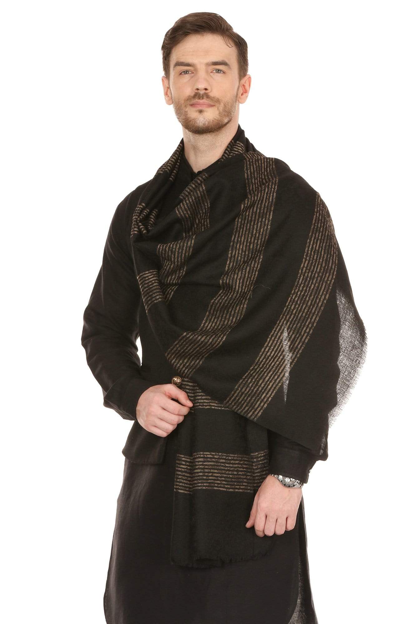 Pashtush India 70x200 Mens Fine Wool Reversible Muffler, Soft and Warm - Black