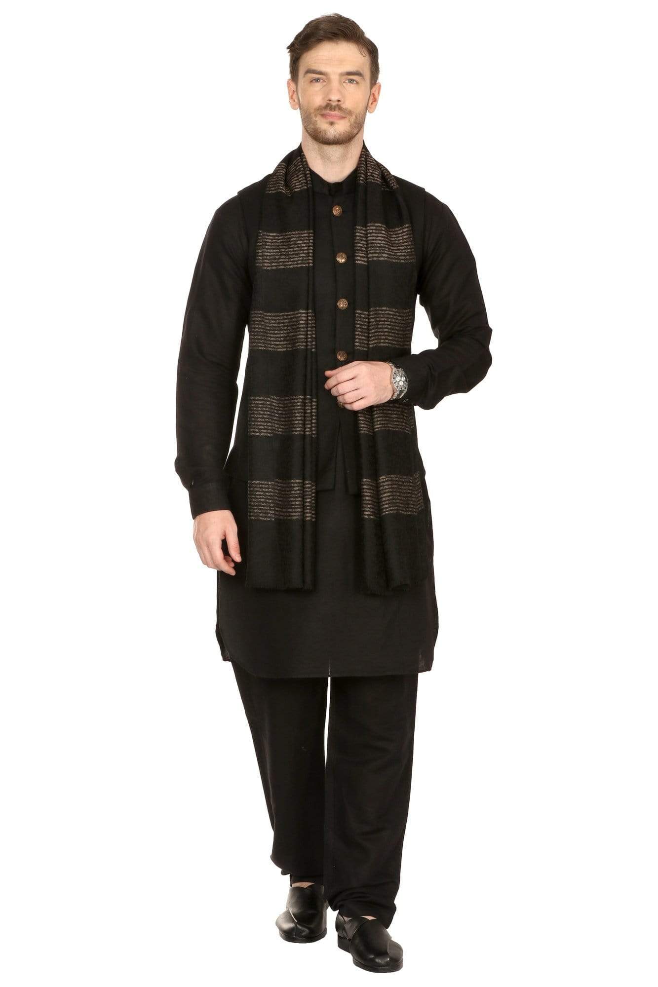 Pashtush India 70x200 Mens Fine Wool Reversible Muffler, Soft and Warm - Black