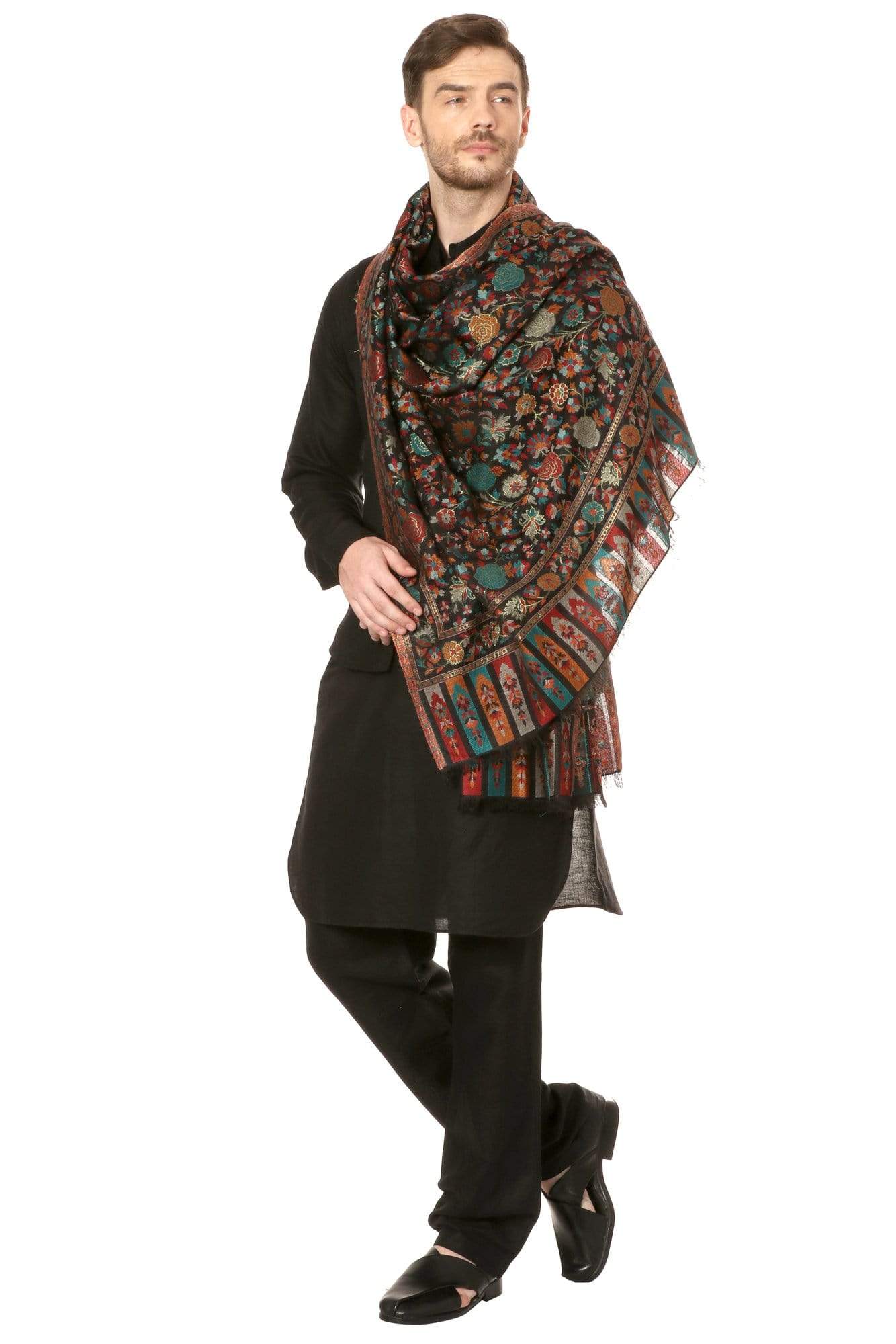 Pashtush Shawl Store Stole Mens Gulaabdar Kaani Stole, Woven Design - Black