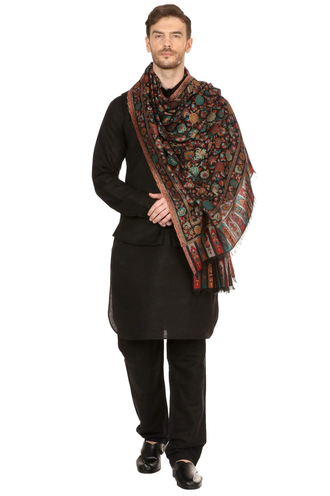 Pashtush Shawl Store Stole Mens Gulaabdar Kaani Stole, Woven Design - Black
