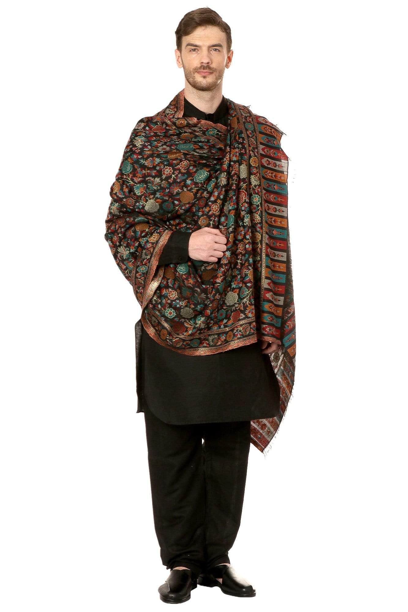 Pashtush Shawl Store Stole Mens Gulaabdar Kaani Stole, Woven Design - Black