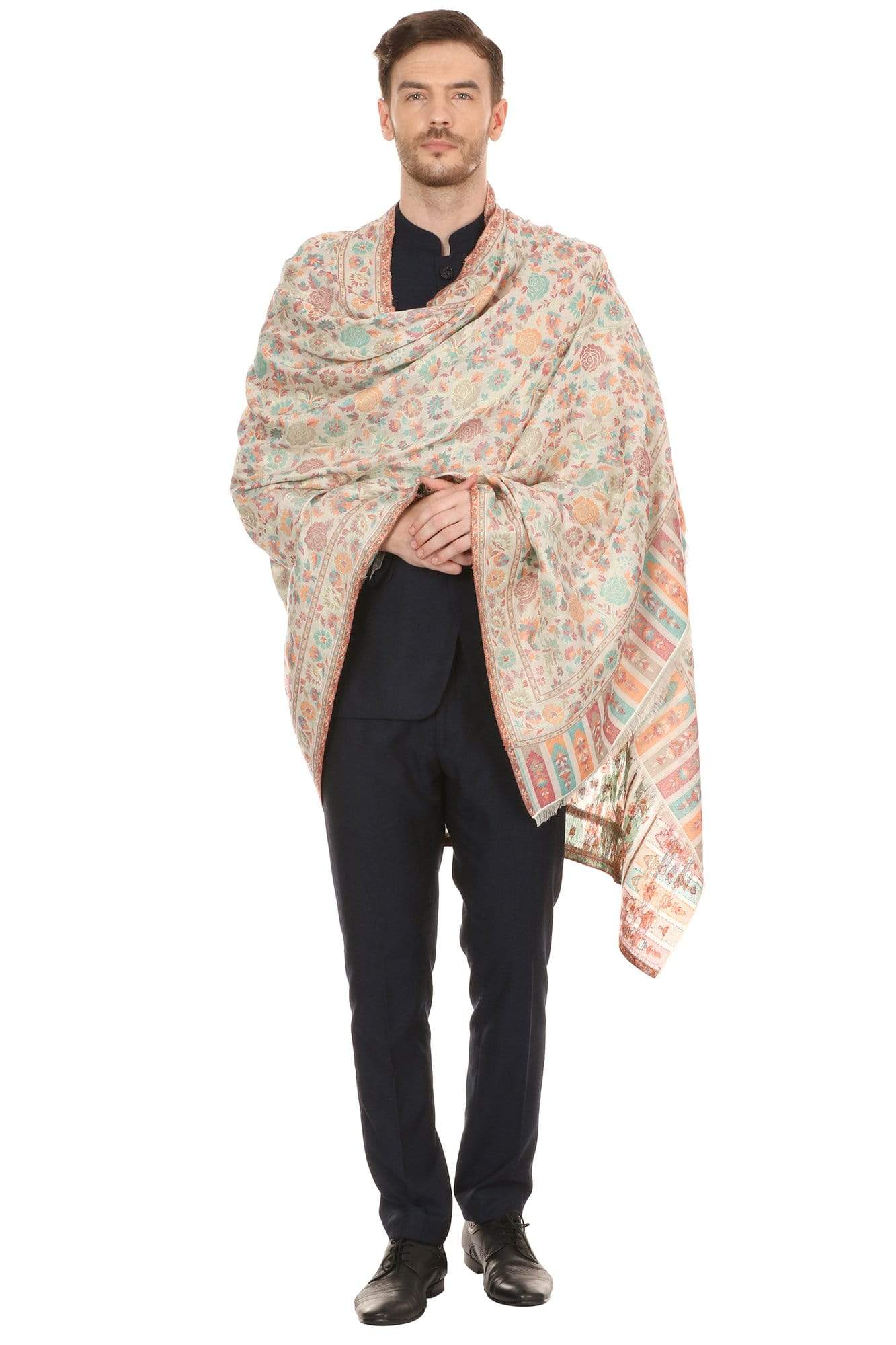 Pashtush Shawl Store Stole Mens Gulaabdar Kaani Stole, Woven Design Ivory