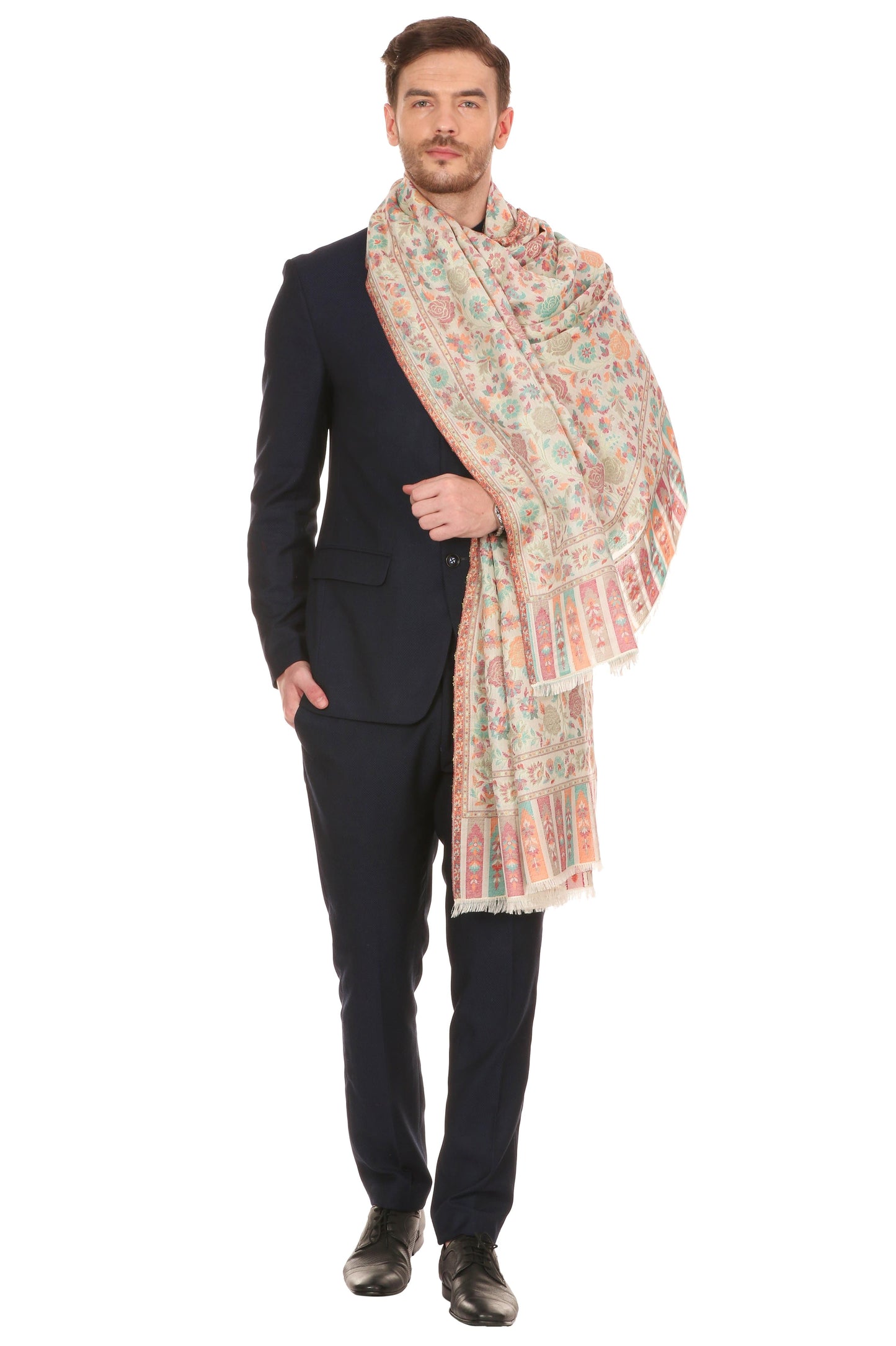 Pashtush Shawl Store Stole Mens Gulaabdar Kaani Stole, Woven Design Ivory