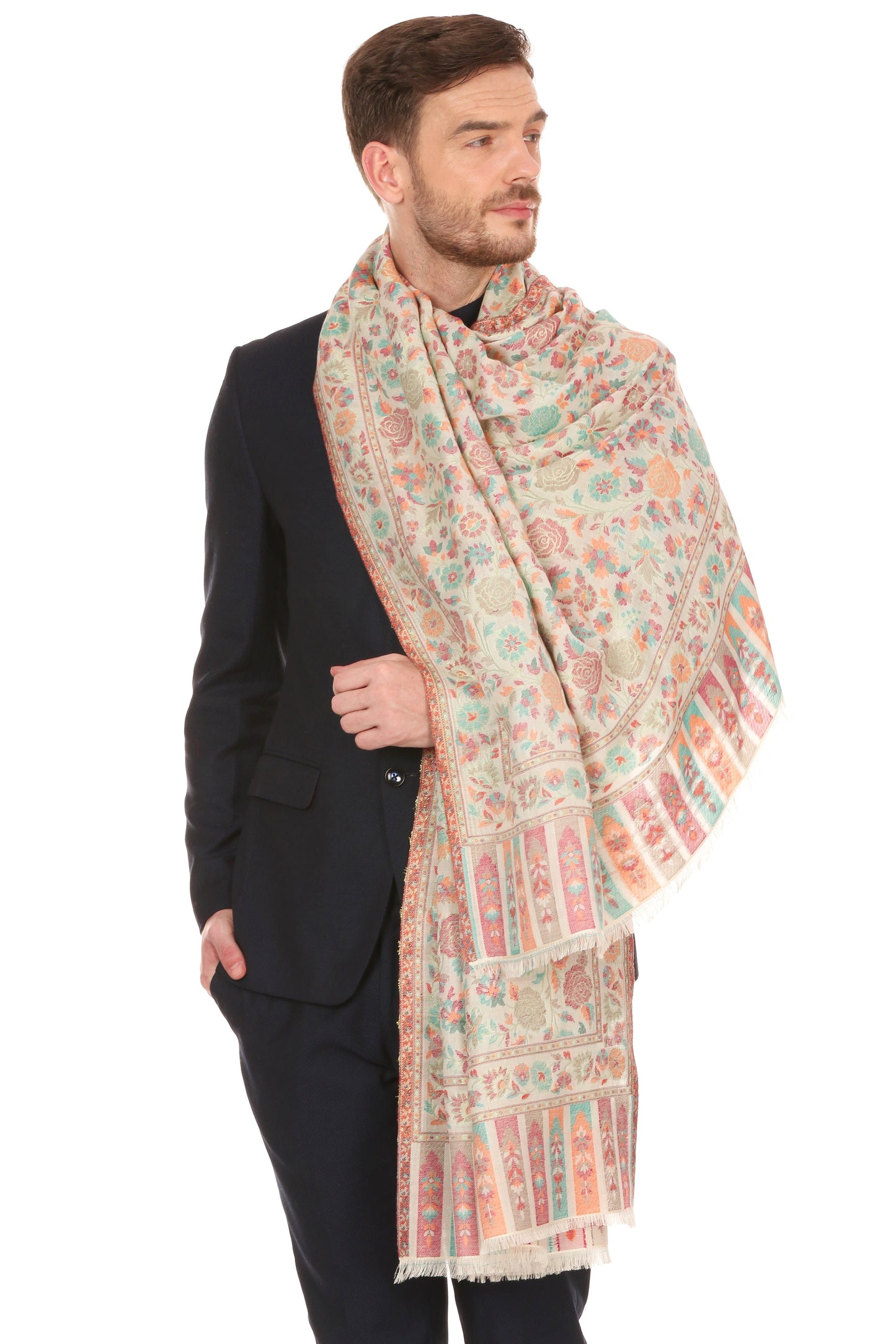 Pashtush Shawl Store Stole Mens Gulaabdar Kaani Stole, Woven Design Ivory