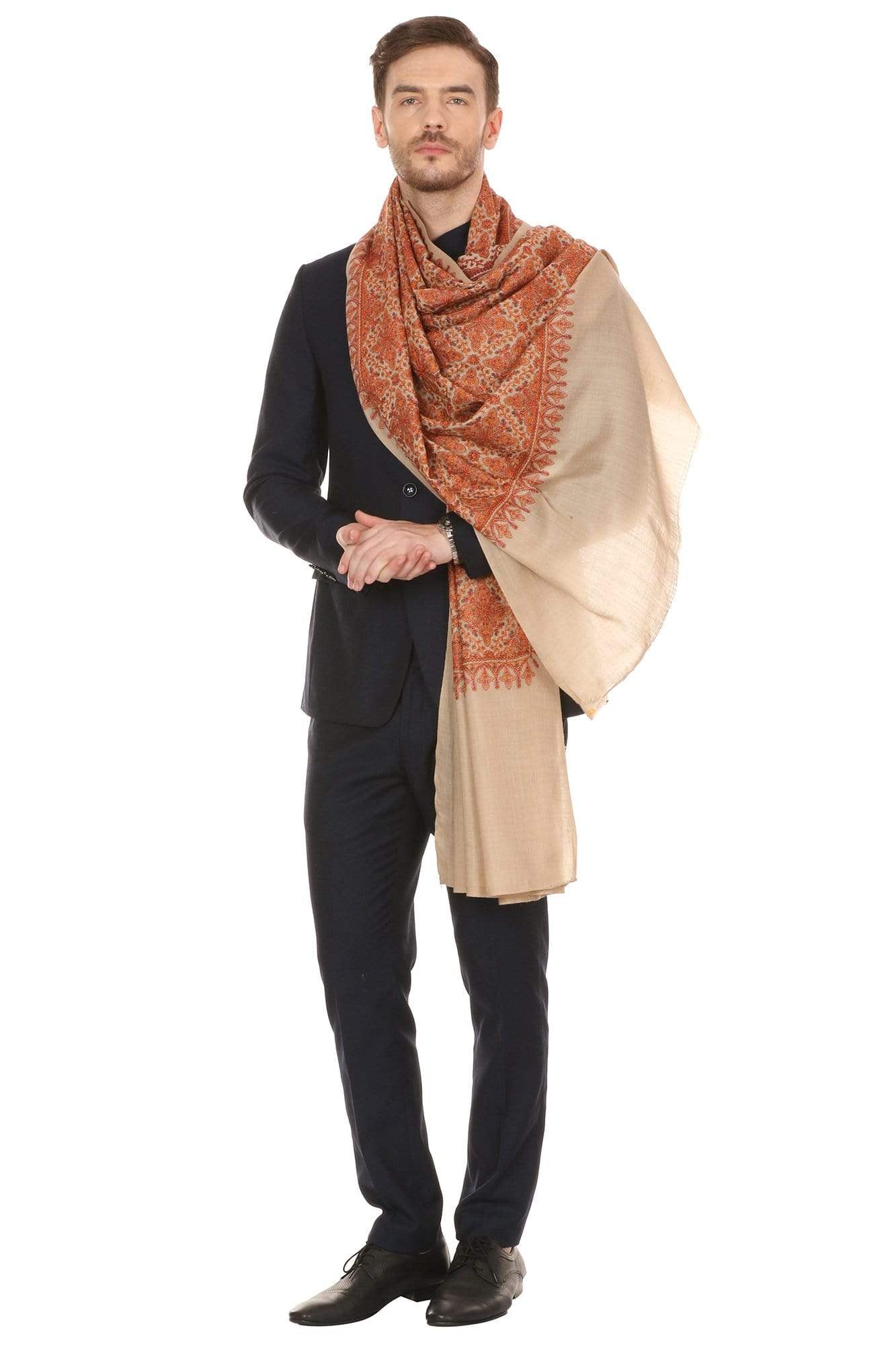 Pashtush Shawl Store Shawl Mens Kashmiri Embroidery Stole, Beige