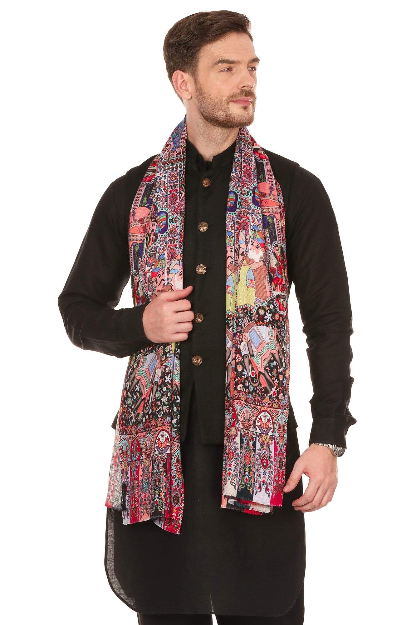 Pashtush India Stole Mens Mughal Darbar Printed Stole, Extra Soft Bamboo Fabric